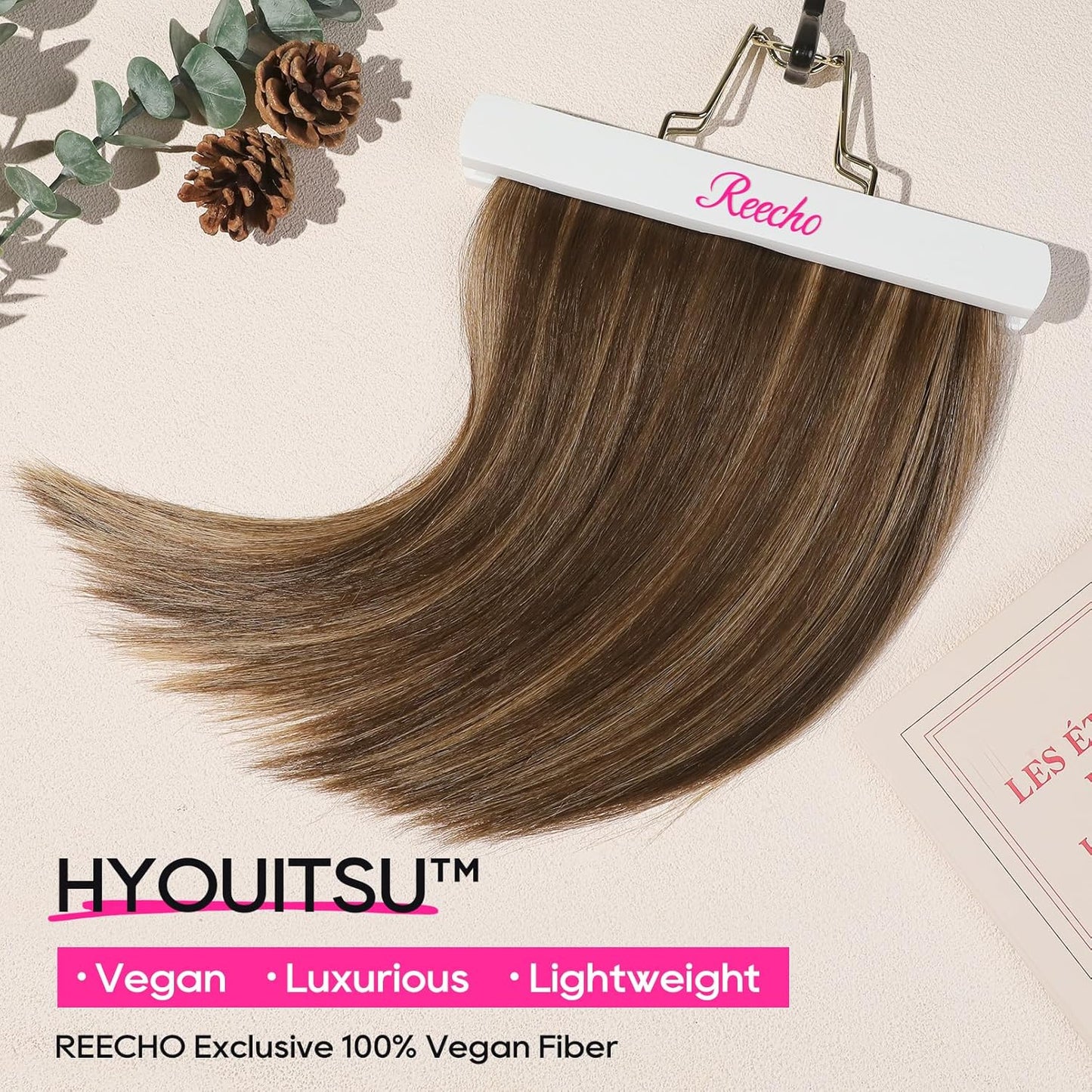 REECHO 12" Invisible Wire Hair Extensions - Thinner Lace Weft, Adjustable Clips | Chocolate Brown with Highlights