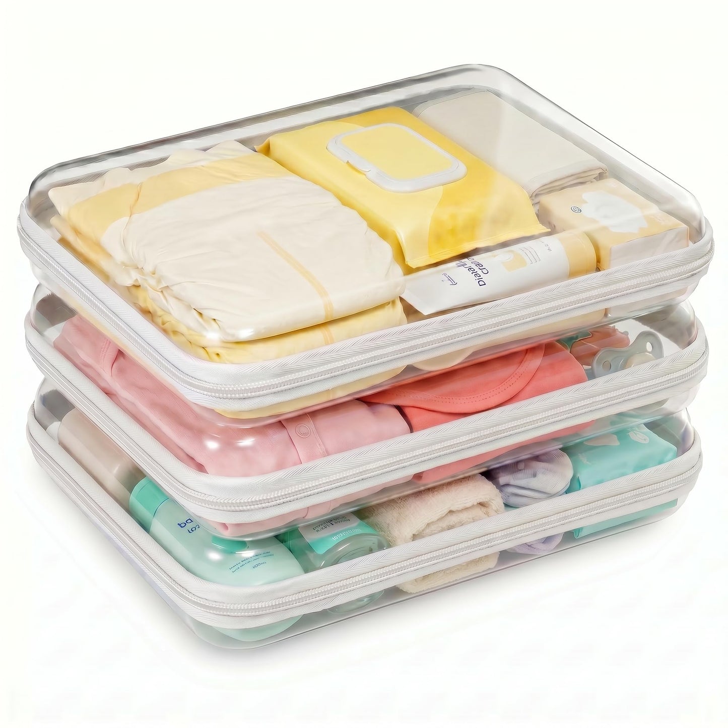 3 Pack Large Clear Hard Shell Zipper Case, Diaper Bag Organizer Pouches, Water-Resistant Travel Toiletry Bags for Baby Essentials, Toys, Cables, Crafts, Makeup, White