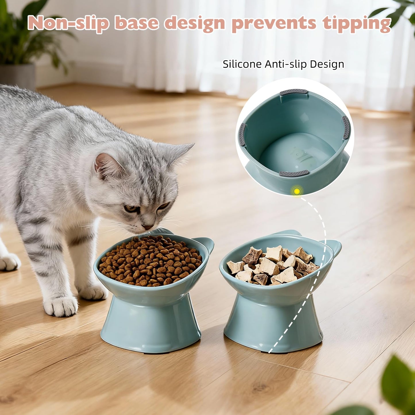 KSIA Klear Elevated Cat Bowls 2 Pack, Tilted Raised Cat Bowl for Food and Water, 4.72" Wide, Whisker Friendly Anti Vomit for Indoor Cats, Microwave and Dishwasher Safe, Blue