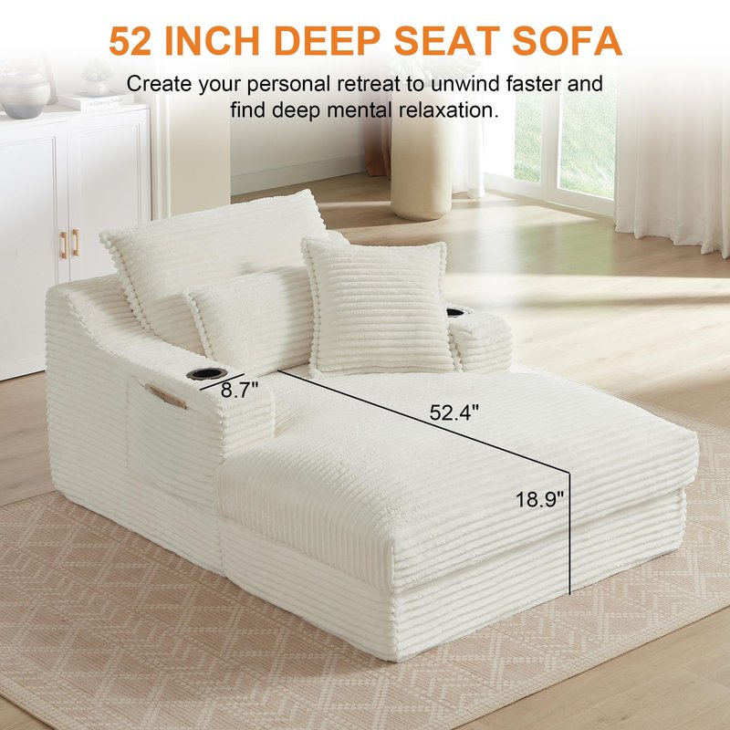 Oversized Chaise Lounge Chair Indoor, 67'' Upholstered Sleeper Sofa Bed with Cup Holders & 3 Pillows, Deep Seat Corduroy Boneless Cloud Sofa Couch for Living Room, No Assembly Reading Chair, White