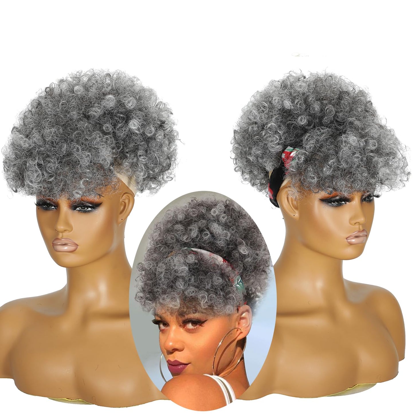 Afro Puff Drawstring Ponytail - Short Salt and Pepper Kinky Curly Extensions for Black Women | Fluffy Updo Hair Bun 1B/Grey