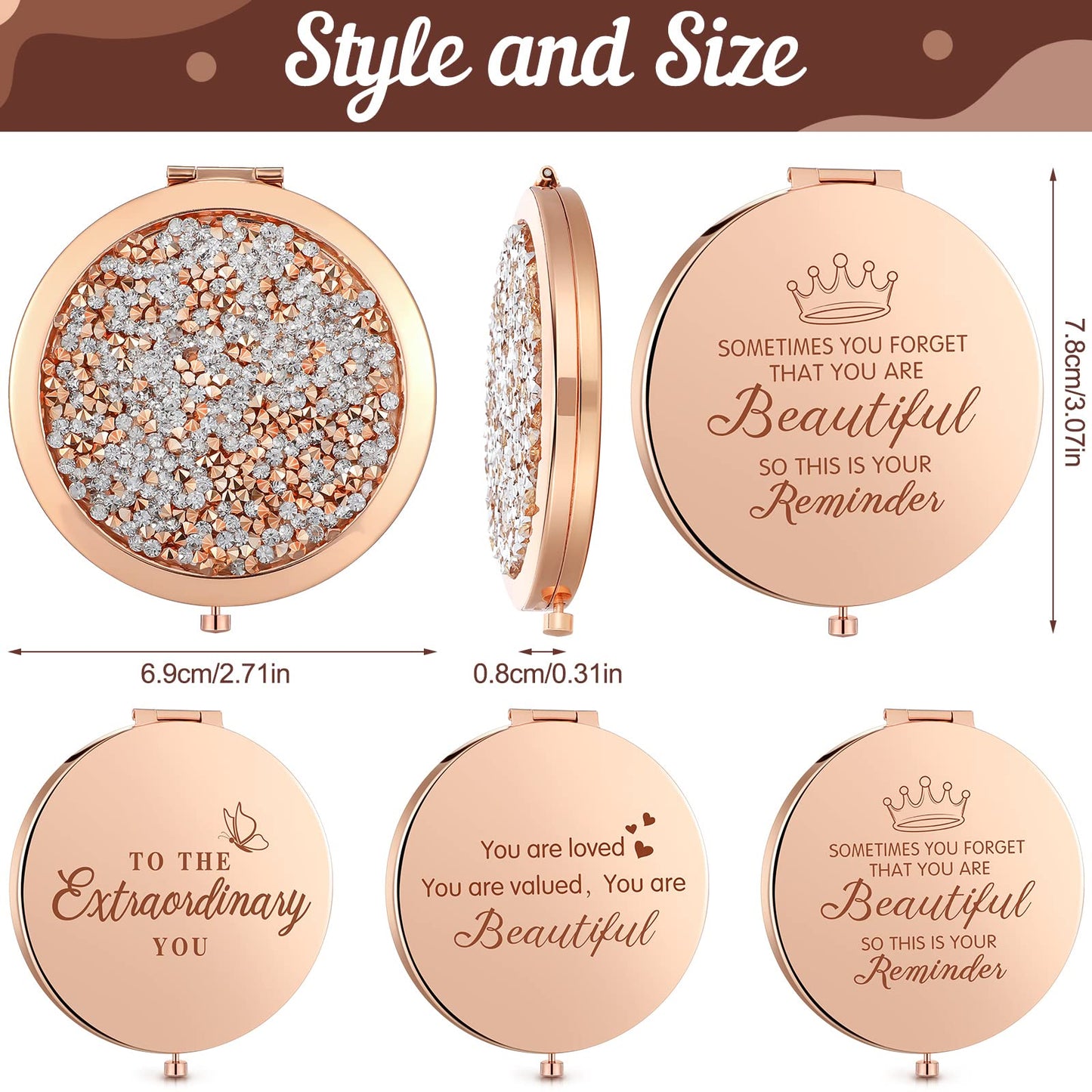 Roowest 16 Pack Metal Rhinestone Compact Mirror Bulk for Women Inspirational Rose Gold Magnifying Pocket Mirrors for Purses Wedding Bridal Shower Favors
