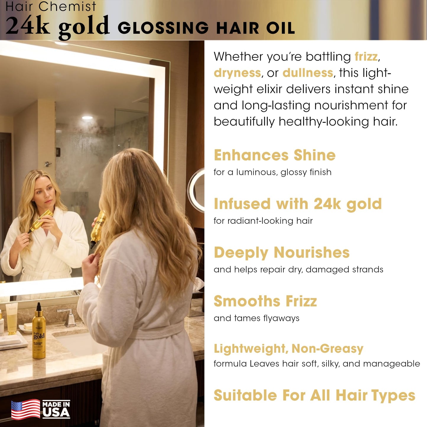 Hair Chemist 24k Gold Glossing Hair Oil 8 Ounce– Lightweight Anti-Frizz Shine Serum for Dry, Damaged Hair – Nourishing & Smoothing Treatment, Non-Greasy, Soft & Silky Finish