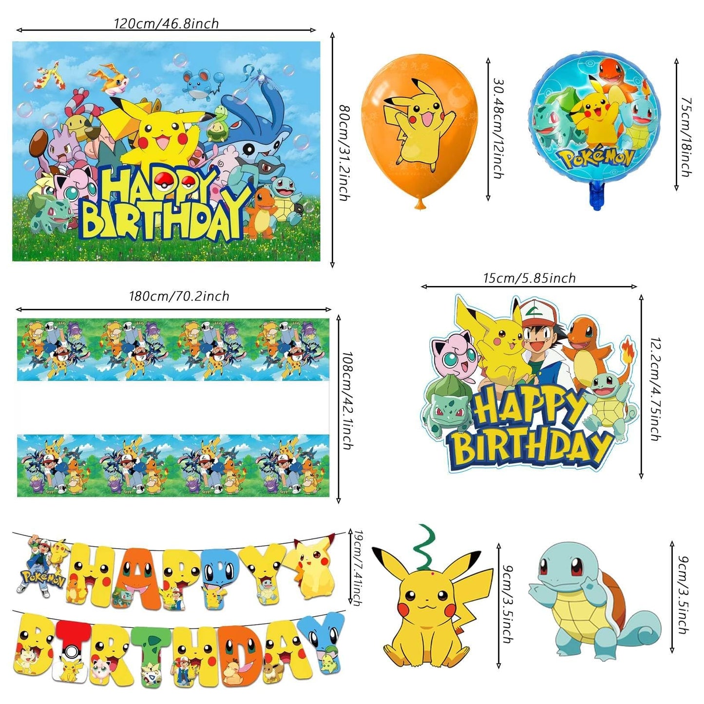 48PCS anime Birthday Party Supplies: 1*"Happy Birthday" Banner, 6Hanging Swirls, 1Tablecloth, 1Backdrop, 1Cake Topper, 24 Cupcake Toppers, 12Latex Balloons, 2Aluminum Balloons