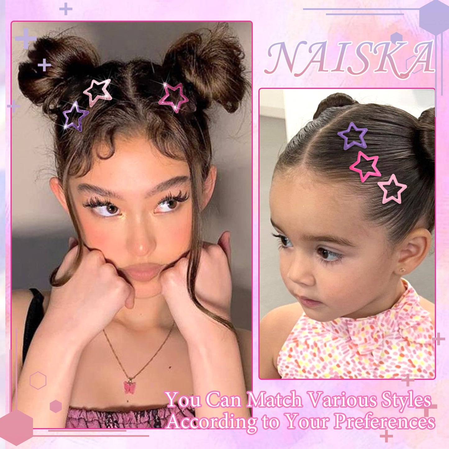 NAISKA 24PCS Purple Pink Star Hair Clips Kawaii Glitter Hair Barrettes 6 Styles Sequins Non Snap Clips for Girls Metal Hair Pins Y2K Accessories for Women