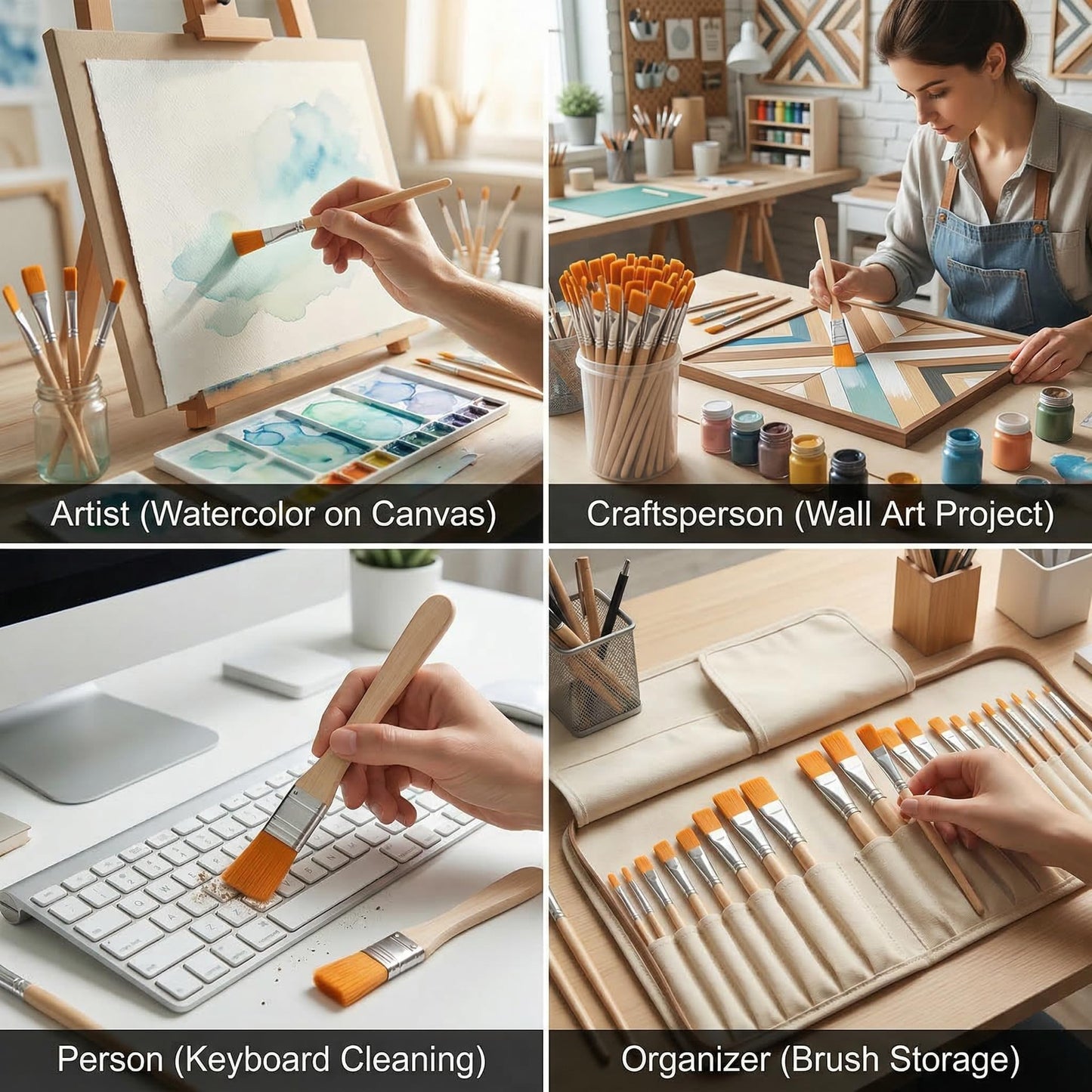 Nylon Paint Brush Set 50pcs, Short Wood Handle Art Brushes for Gouache, Soft Flat Paint Brushes for Wall Art and Craft Projects, Portable Brush Kit for Painting and Keyboard Cleaning