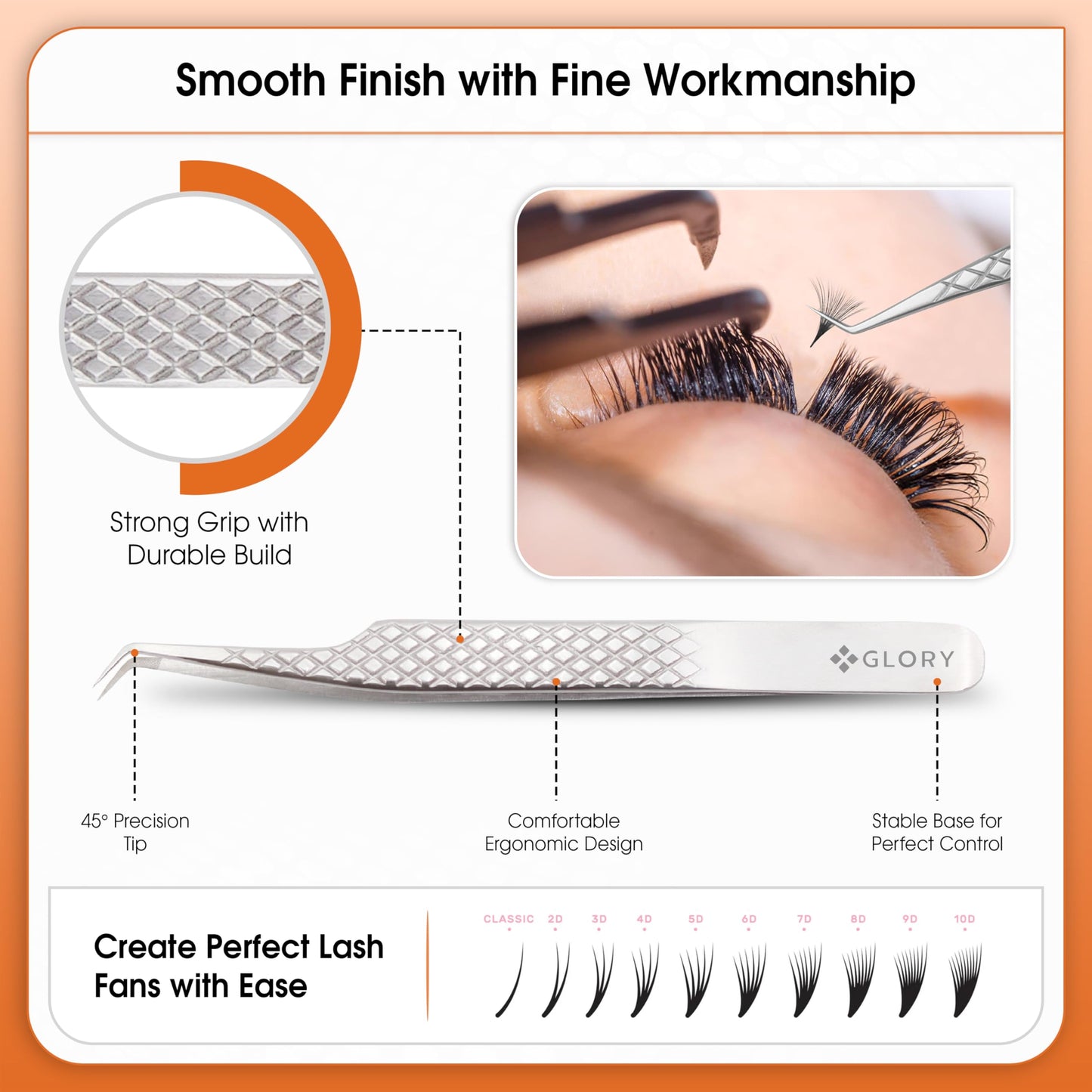 Glory Professional 45 Degree Angle Lash Tweezers for Eyelash Extensions, Precision Fiber Tip Diamond Grip Stainless Steel Lash Tool for Classic, Volume & Mega Volume Professional Lash Tech Supplies