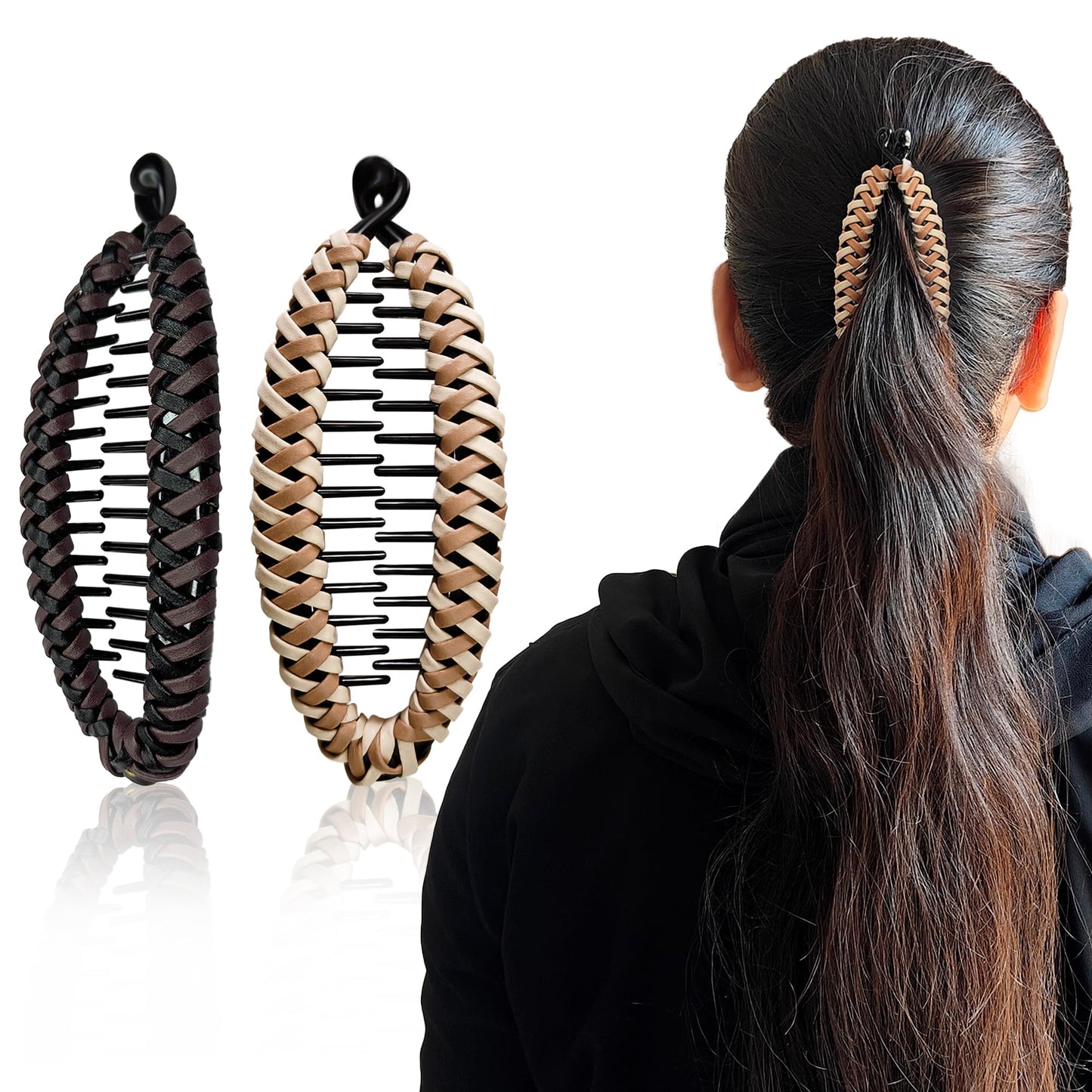 Banana Clip (2 Pcs) Banana Clips Wooven Banana Hair Clip Women & Girls Banana Clips Hair For Thick Hair Flat Hair Clips For Women Banana Clip For Curly Hair (2 Pcs) (Dark Brown & Light Brown)