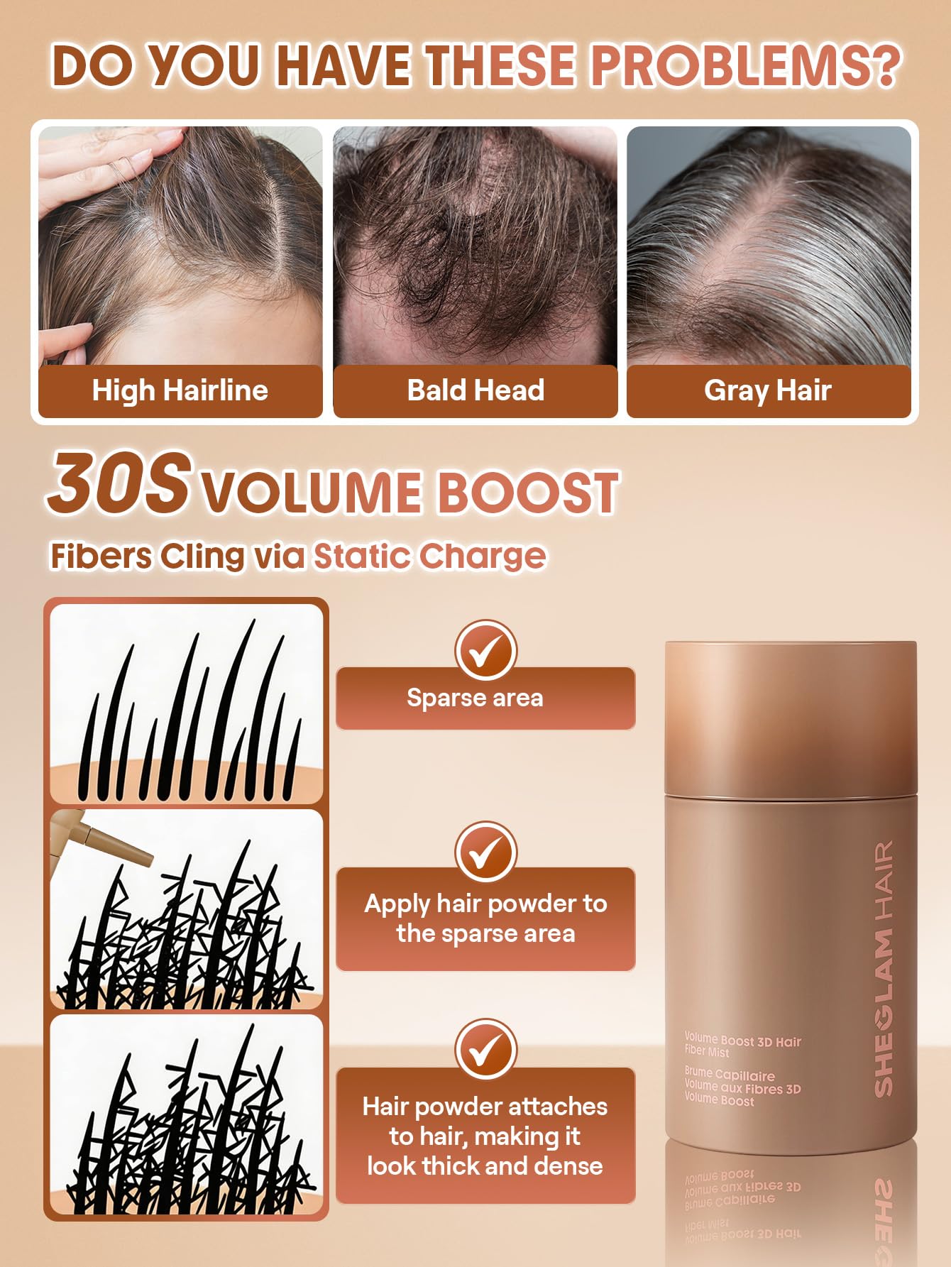 SHEGLAM Dark Brown Hair Building Fibers 15g, Volume Boost Hair Fiber Mist, Hair Thickening Powder for Thinning Hair, Instant Fuller Hairline, 72h Long Lasting for Men & Women(Applicator Not Included)