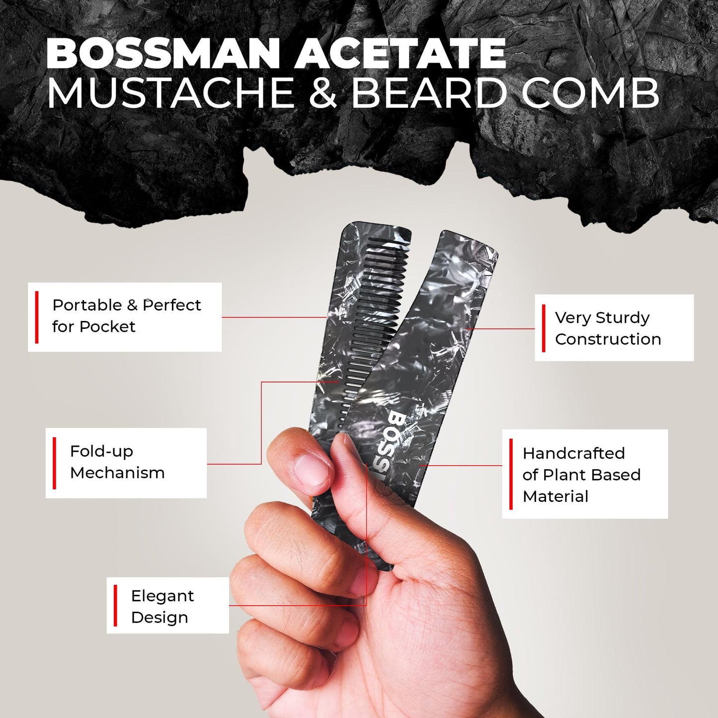 Bossman MUDstache Mustache Wax for Men + Acetate Folding Mustache & Beard Comb – Unscented Styling and Grooming Kit