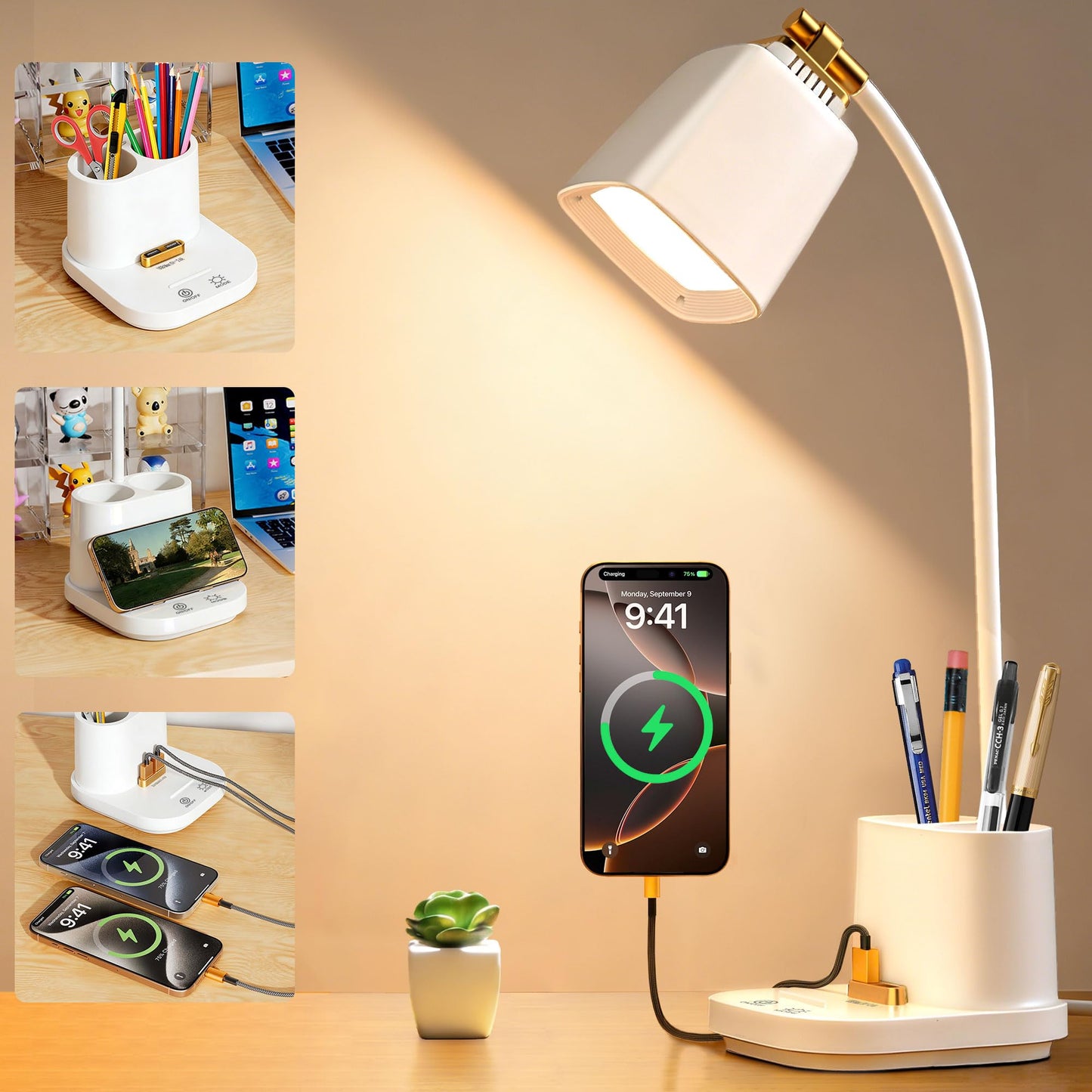 LED Desk Lamps for Home Office with Charger, Organizer, Desk Light Table Lamp for Bedroom, Study, Reading, Work, Nail, Gooseneck Small Desk Lamp for Artist, Puzzle, Drawing, Eye-Caring LED Office Lamp