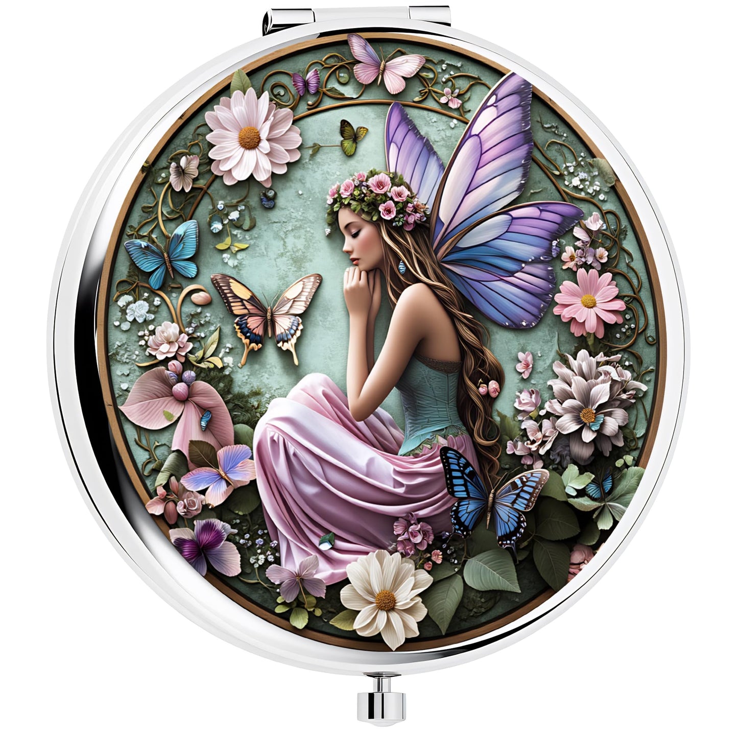 Silver Compact Mirror, 2.8x2.8inch Double-Sided Folding Makeup Mirror with Flower Fairy with Wings Design, Ideal Gift for Women