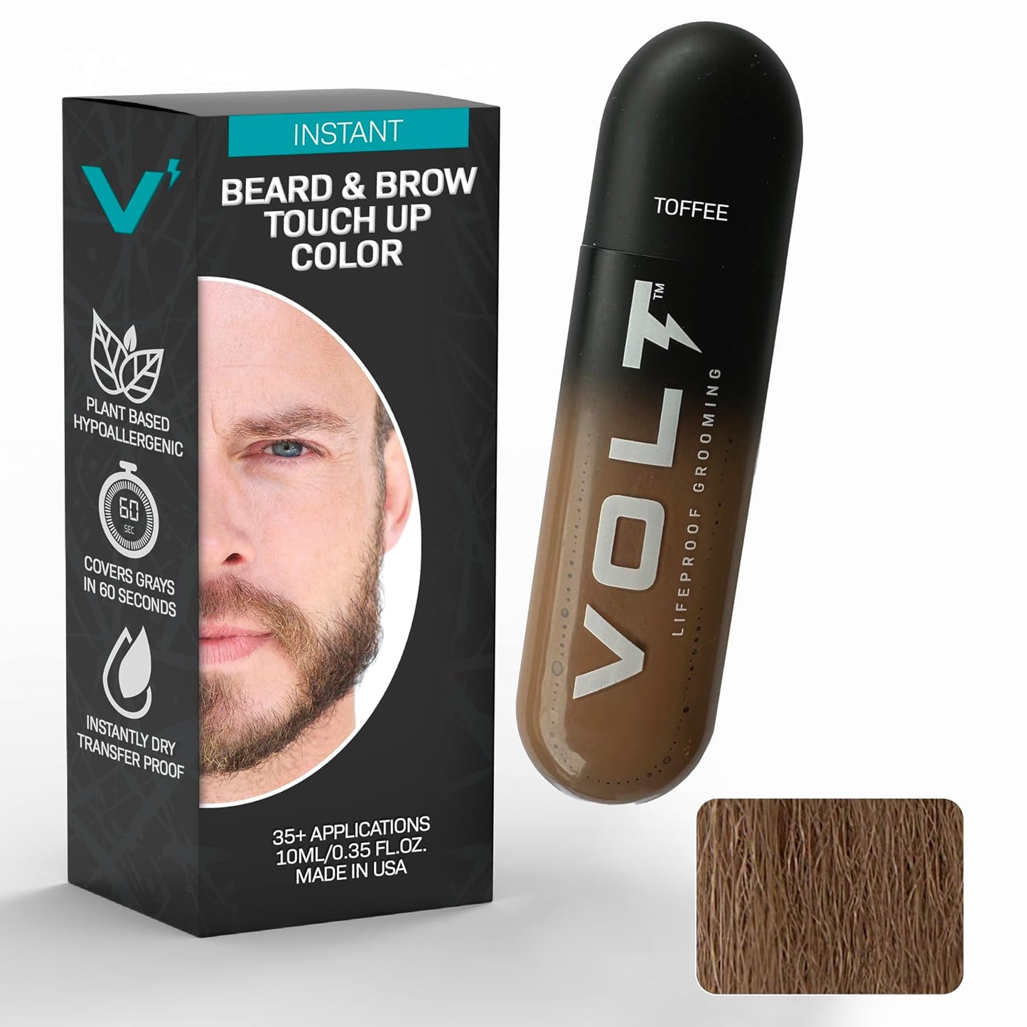 VOLT Instant Beard Color - Quick Drying Plant-Based Formula for Men | Ebony Brown/Black, 1 Pack, Up to 35 Applications