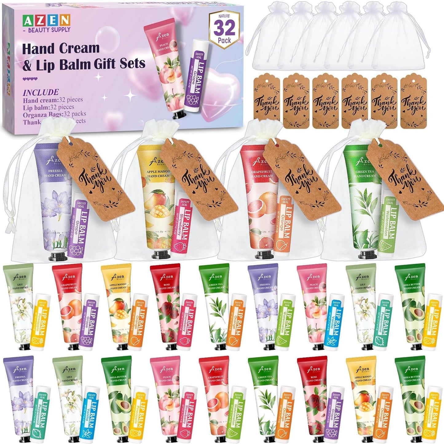 Hand Cream and Lip Balm Gift Set - 16 Sets with Organza Bag | Perfect for Baby Showers, Weddings, and Mother's Day