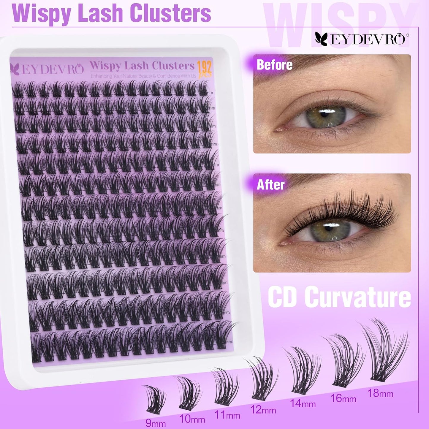 Wispy Lash Clusters - Natural 9-18mm Eyelash Extensions | 192 Pcs CD Curvature Individual Lashes for DIY Application