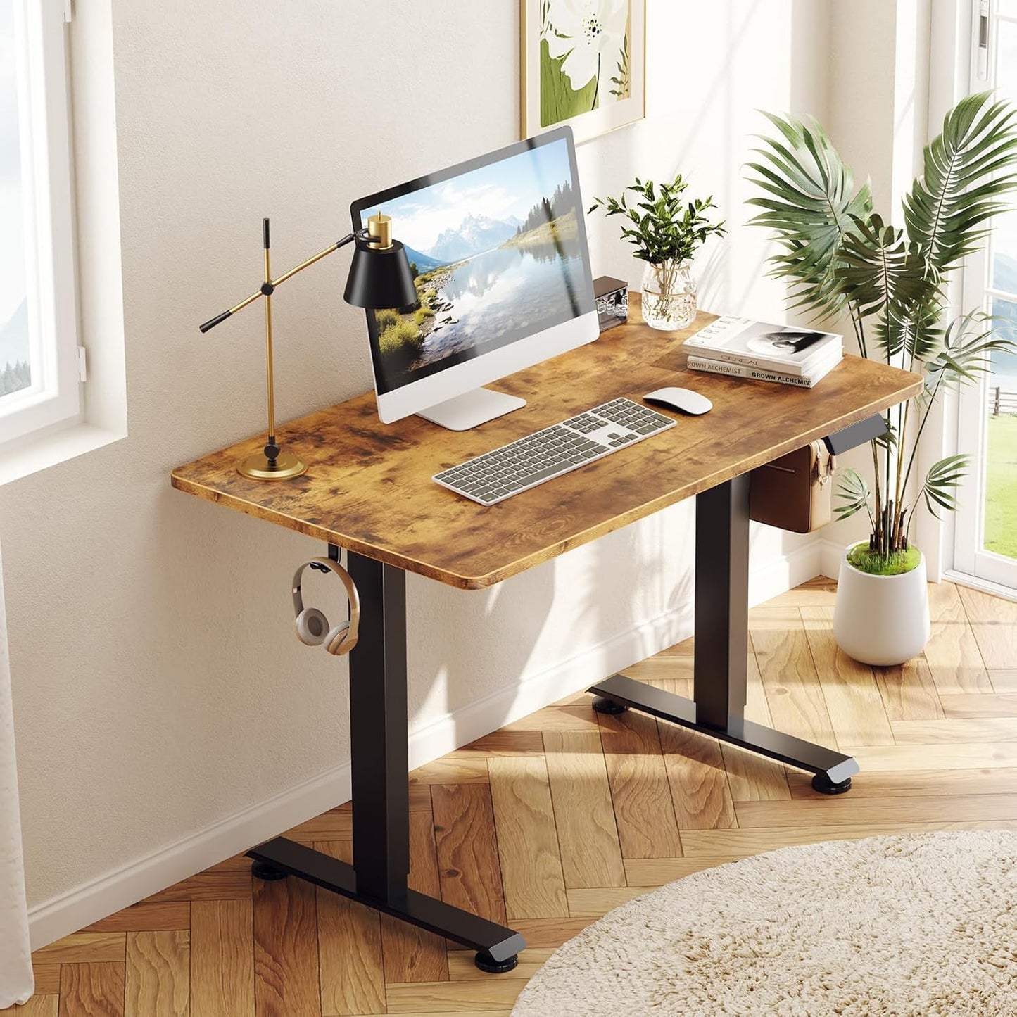 Veken Electric Standing Desk - 55 Inch Height Adjustable Home Office Table | White Wooden Desktop for Work & Study