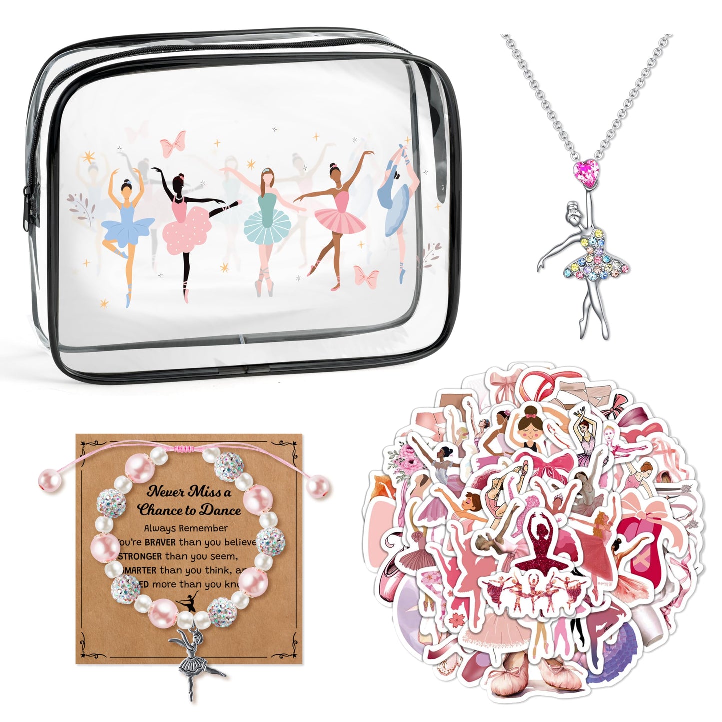 Y1tvei Cute Ballerina Girl PVC Makeup Bag - 64Pcs Ballet Dancing Girl Cosmetic Pouch Recital Gifts, Clear Makeup Bag with Dance Stickers Sparkly Necklace Bracelet Card for Ballet Dancer Birthday Party