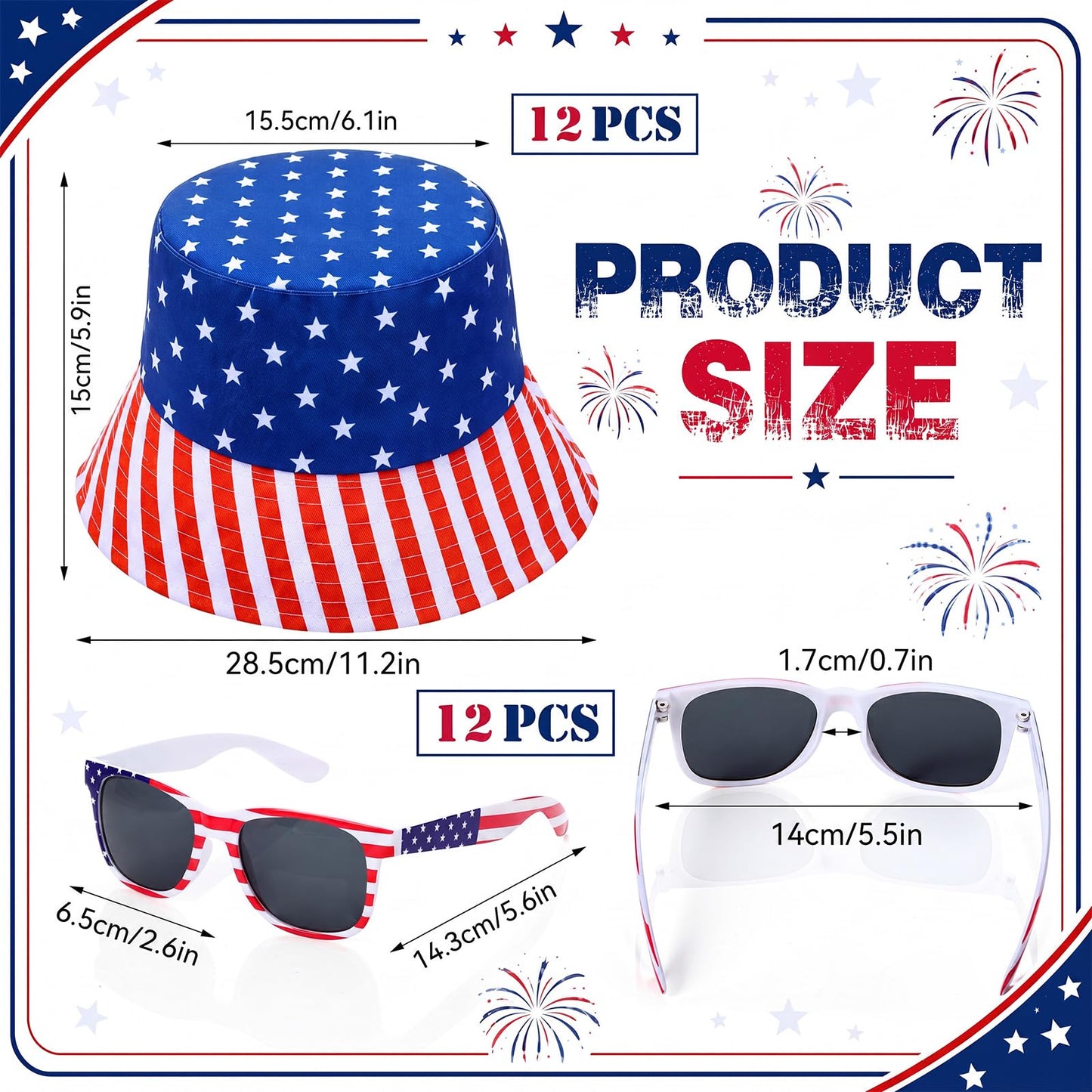 Chicingyou 24 Pcs 4th of July Accessories American Flag Hats and Patriotic Sunglasses Bulk USA Star Patriotic Cap Red White Blue Hats (Bucket Hats)