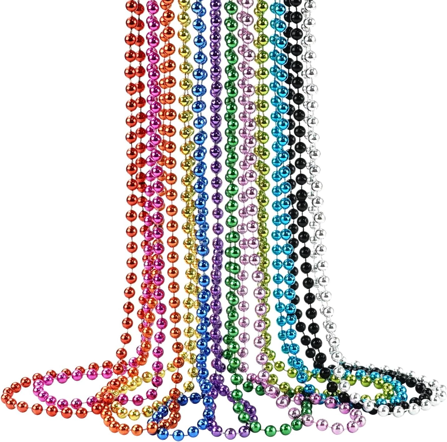 12 PCS Metallic Bead Necklaces - 33'' Round Mardi Gras Jewelry for Festive Events | Christmas & New Year