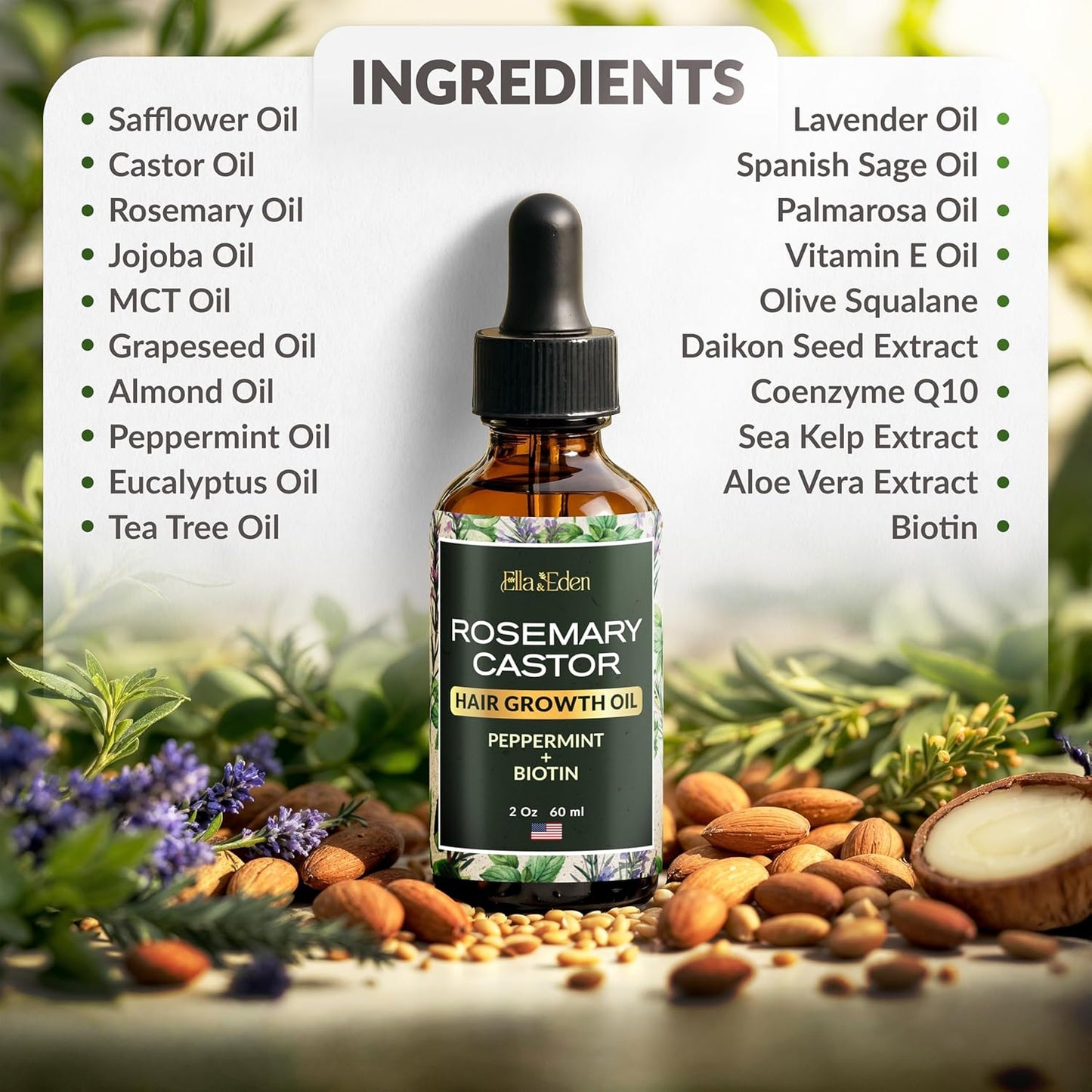 Hair Growth Oil - Rosemary, Castor & Peppermint Oils with Biotin - Dry Scalp Treatment | 2 Fl Oz Glass Bottle