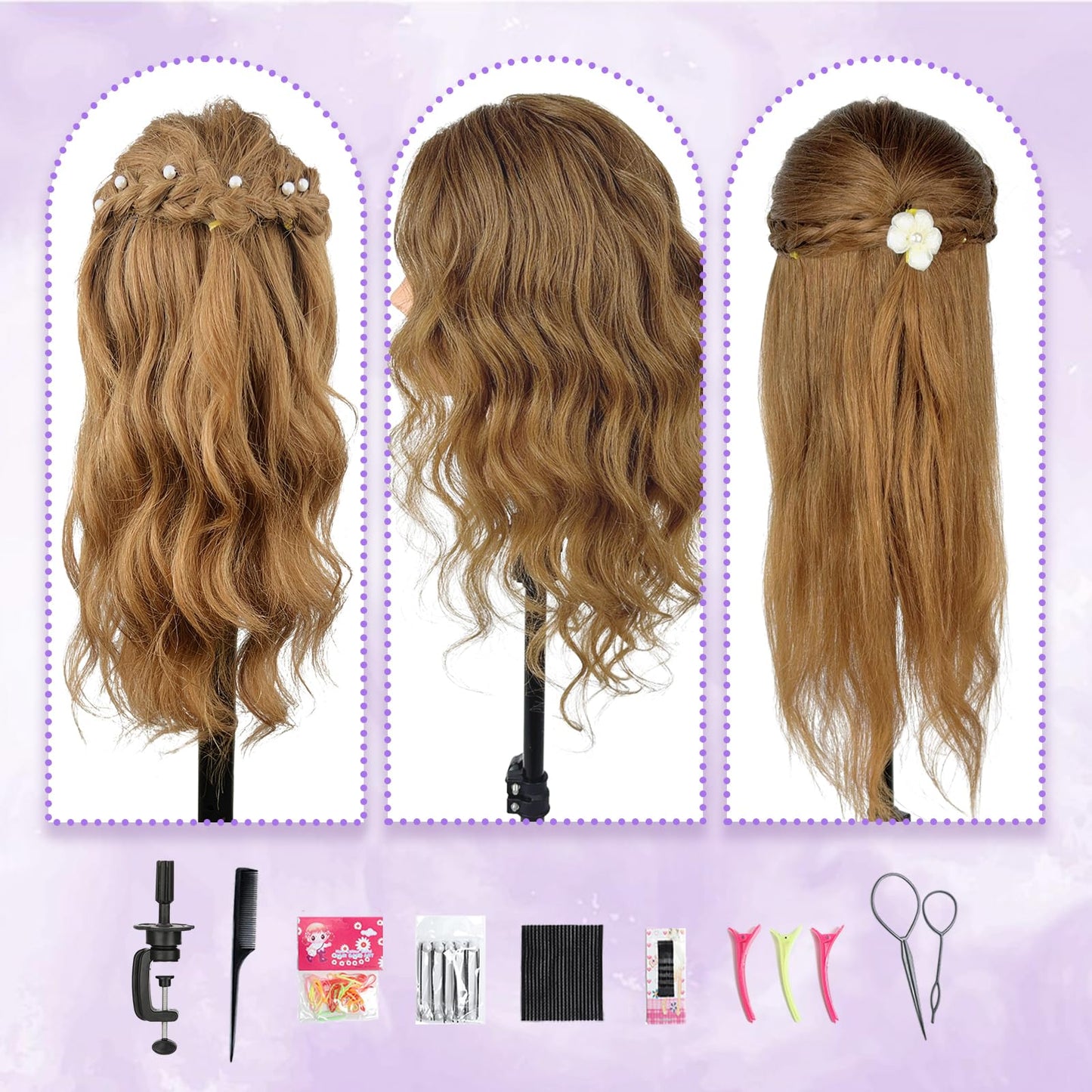 Mannequin Head Human Hair - Cosmetology Manikin Doll Head with 100% Real Hair for Hairdresser Practice Styling Braiding & Free Clamp Holder (Light Brown)