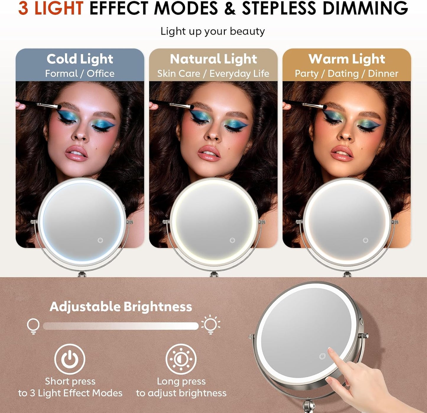 ZLOKLA 9" Wall Mounted Lighted Makeup Mirror - 1X/30X Magnification, Touch Dimmable, 360° Rotation, Rechargeable
