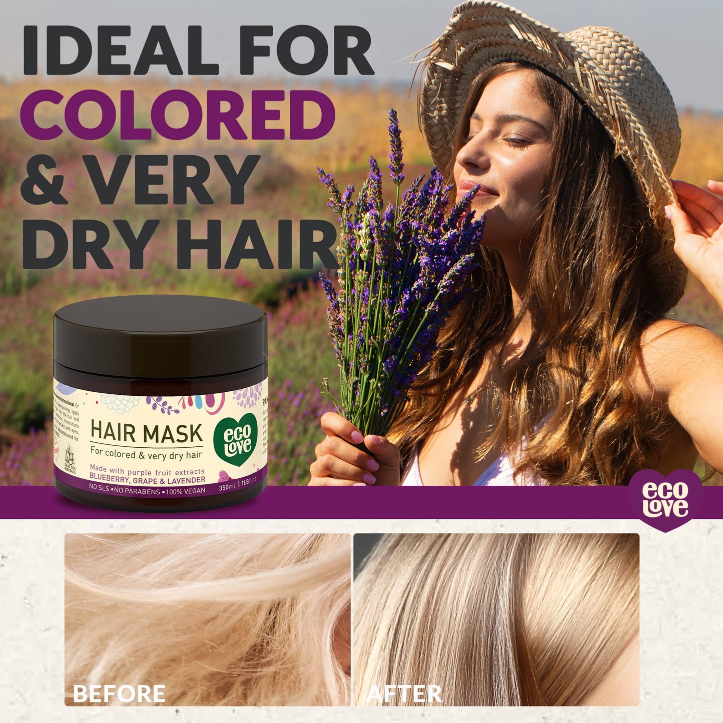 ecoLove Hair Mask for Dry Damaged Hair, Natural Hair Mask Deep Conditioning, 11.8 oz - Vegan and Cruelty-Free, With Lavender Extract, Organic Ingredients, SLS and Parabens Free