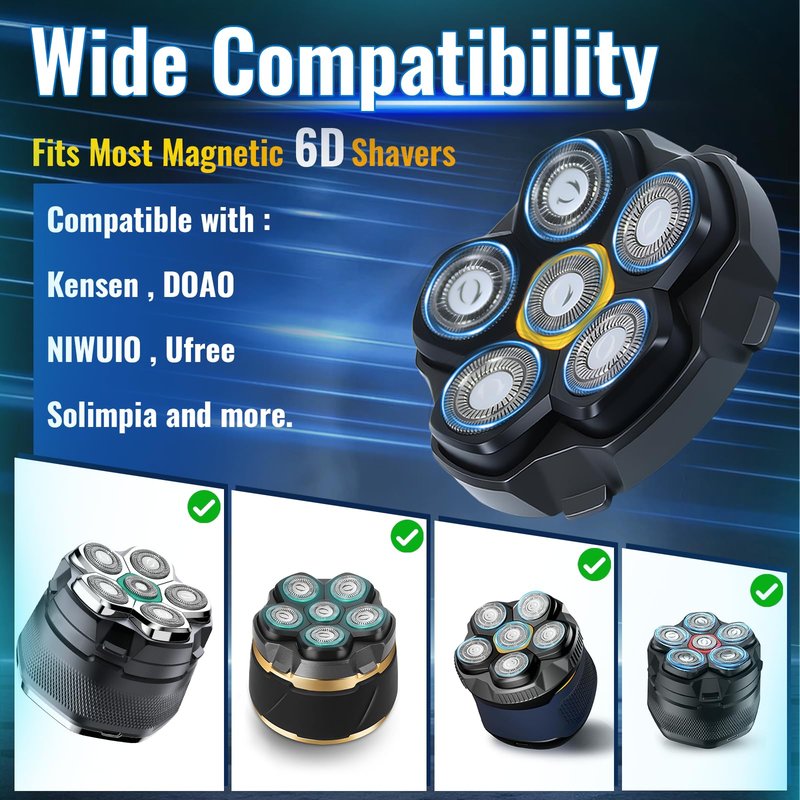 Magnetic 6D Shaver Replacement Heads – Universal Compatible with Kensen,DOAO,NIWUIO,Ufree,Solimpia & Most Most 6D Magnetic Electric Shavers for Bald Men & Face Shaving (4-Pack)