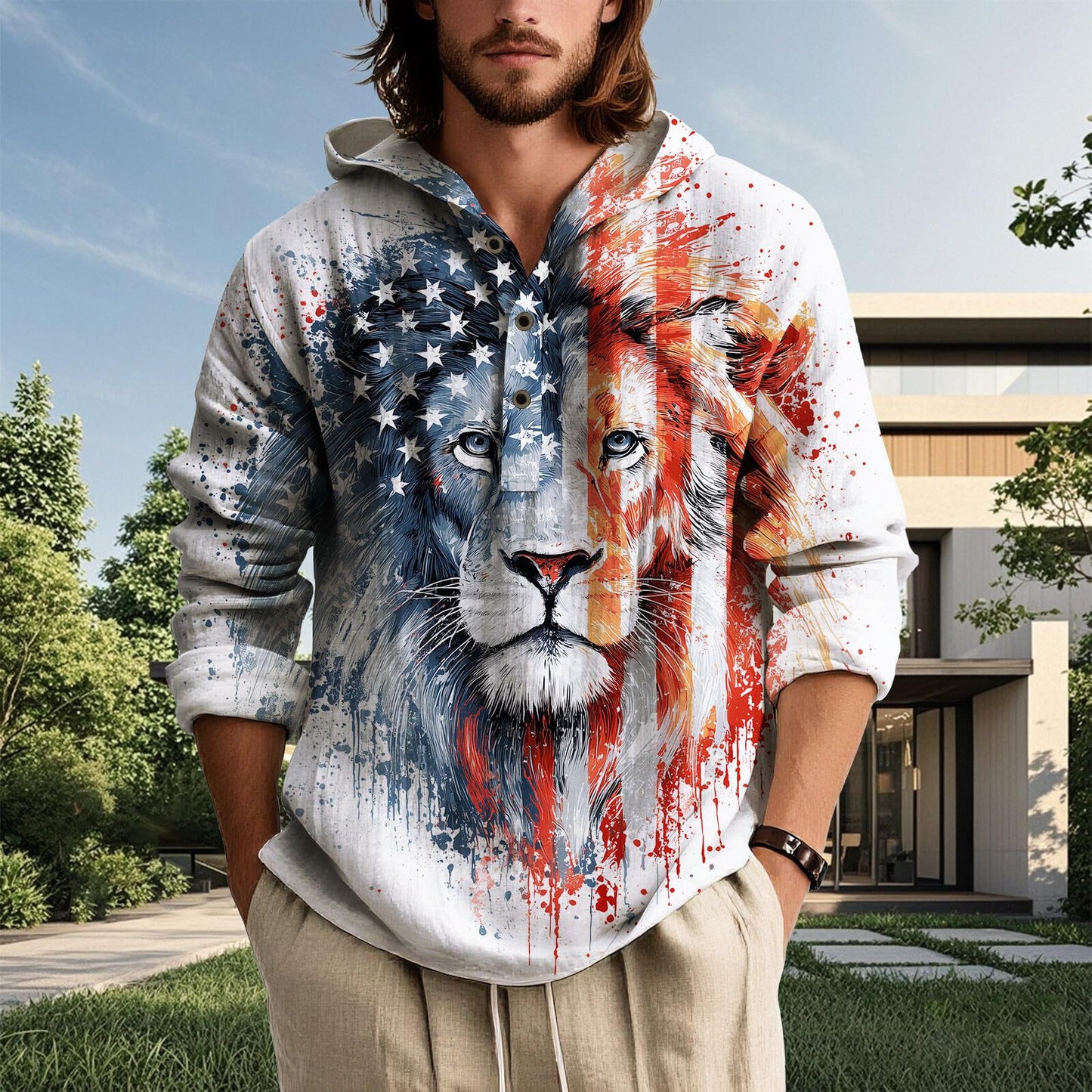 BIVENANT Men's Patriotsic Hoodies Novelty 4th of July Shirts Fashion American Flag Button Up Hoodie Long Sleeve Pullover Tops for Men Big and Tall,USA Lion,XL