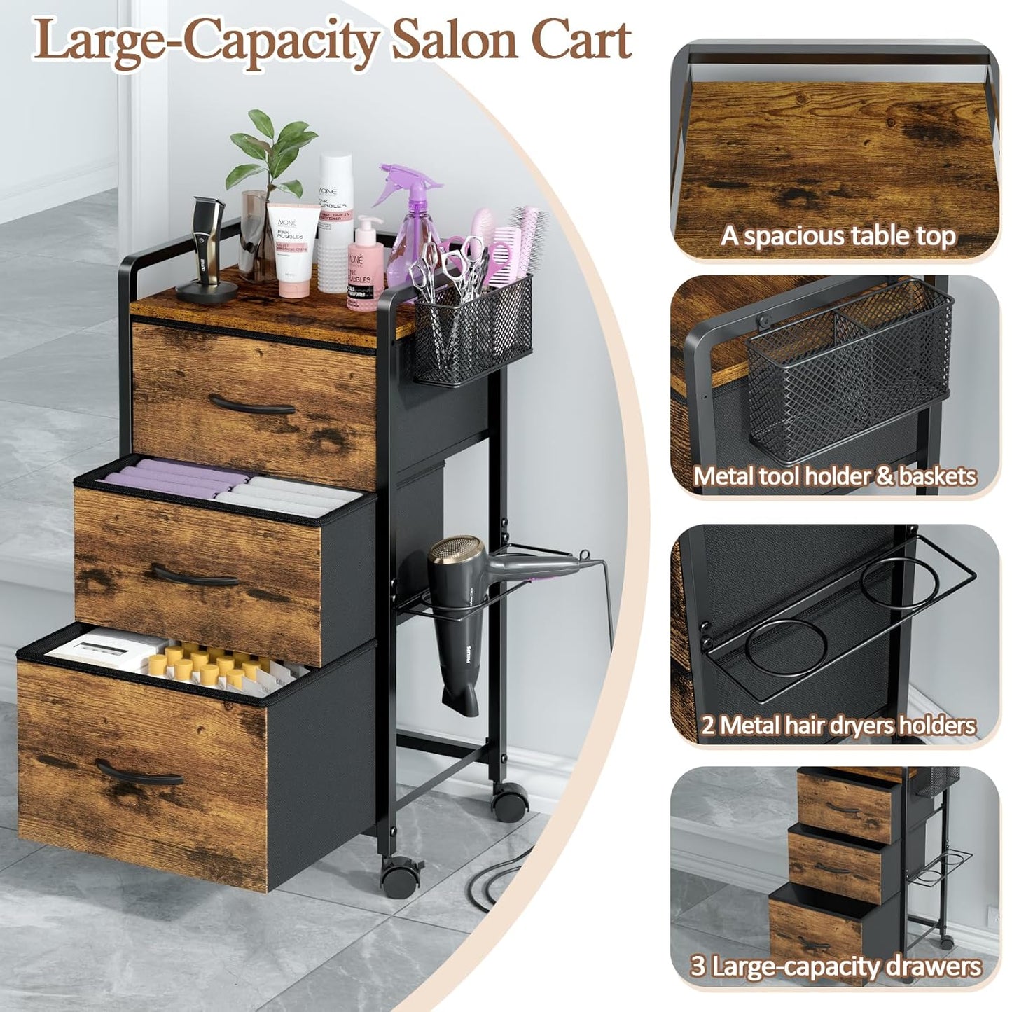 Rolling Salon Trolley Cart - Mobile Hair Stylist Station with Metal Tool Holder & 3 Fabric Drawers | Rustic Brown