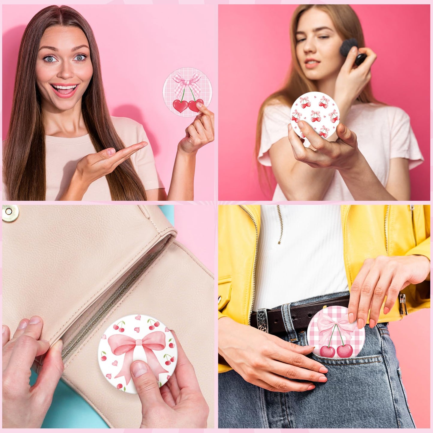 Weysat 24 Pcs Cherry Bow Compact Mirrors Bulk 2.7" Small Round Portable Pink Pocket Makeup Mirror for Girls Women Coquette Preppy Birthday Bridal Shower Weddings Party Favors Decorations