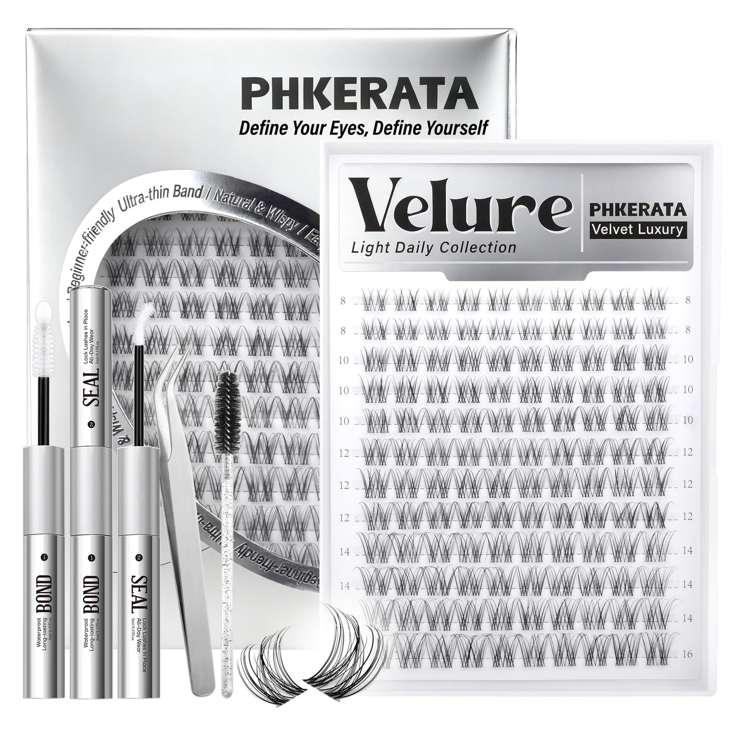 PHKERATA Velure Lash Clusters Kit Natural Eyelash Clusters Wispy Lash Extension Kit Invisible Clear Band Lashes DIY Cluster Eyelash Extensions with Bond and Seal Tweezers, 8-16mm, 120Pcs