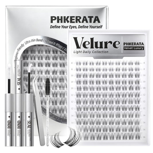 PHKERATA Velure Lash Clusters Kit Natural Eyelash Clusters Wispy Lash Extension Kit Invisible Clear Band Lashes DIY Cluster Eyelash Extensions with Bond and Seal Tweezers, 8-16mm, 120Pcs