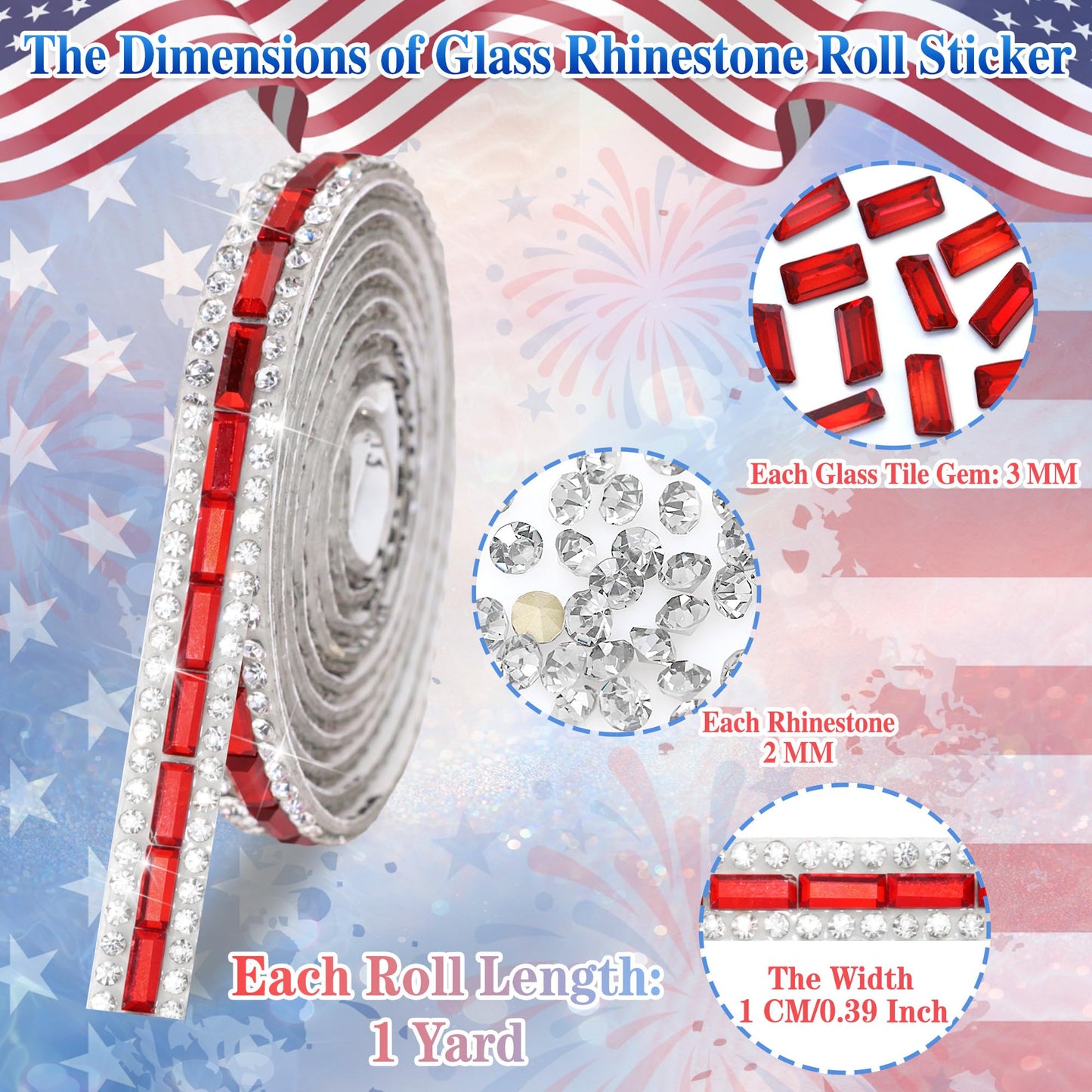 ROYTOER Patriotic Rhinestone Ribbons for 4th of July,Red Blue And White Diamond Strip for DIY Craft,3 Yards Rhinestone Tape Crystal Ribbons Self Adhesive for Independence Veterans Day Party Decoration
