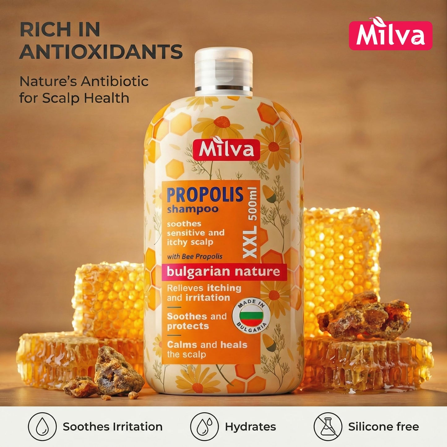 Milva Itchy Scalp Shampoo with Propolis - 6.7 Fl Oz Honey Bee Propolis Shampoo - Itchy Scalp Treatment & Anti Dandruff - Strengthens, Prevents Breakage & Protects Hair - Made in Bulgaria - 200ml