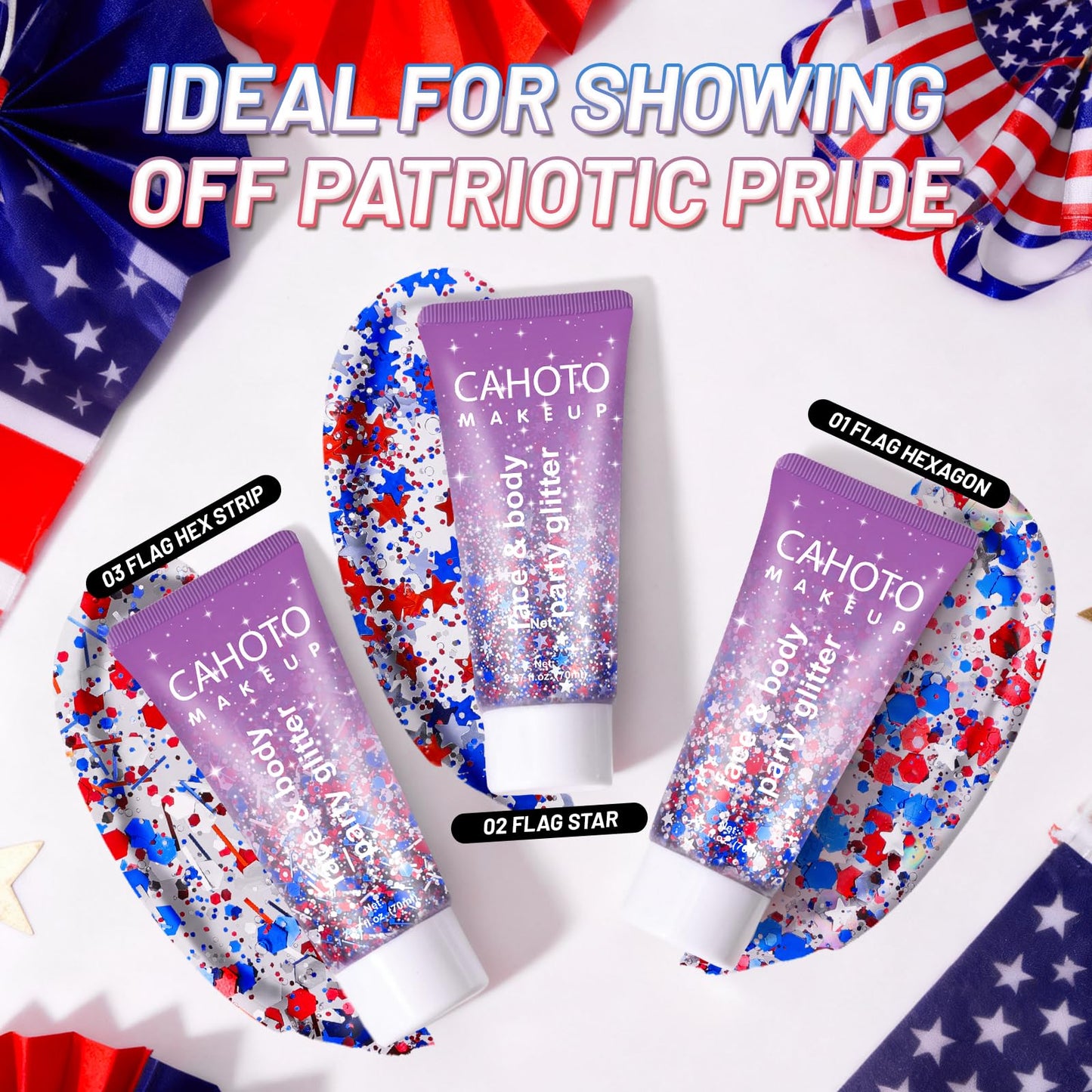 CAHOTO Flag Hexagon Glitter Gel, Red White Blue Hex and White Star, Patriotic Pride USA Flag Sparkling Sequins for Independence Day 4th of July Memorial Day Semiquincentennial 250 Anniversary, 70ml