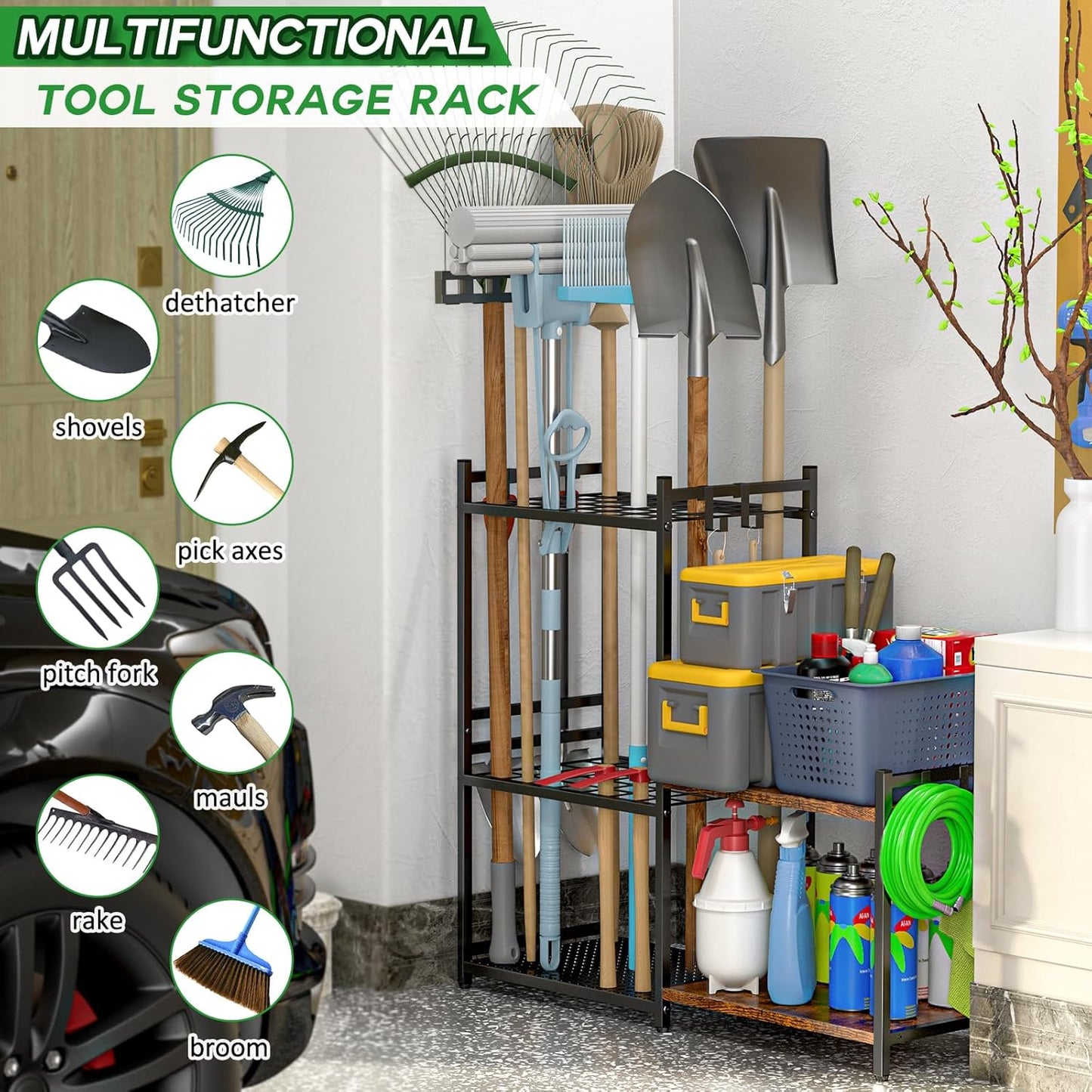 Garage Tool Organizer - 2-Tier Wooden Shelves & 6 Hooks | Heavy-Duty Steel Rack for 35 Long Handled Tools - Black