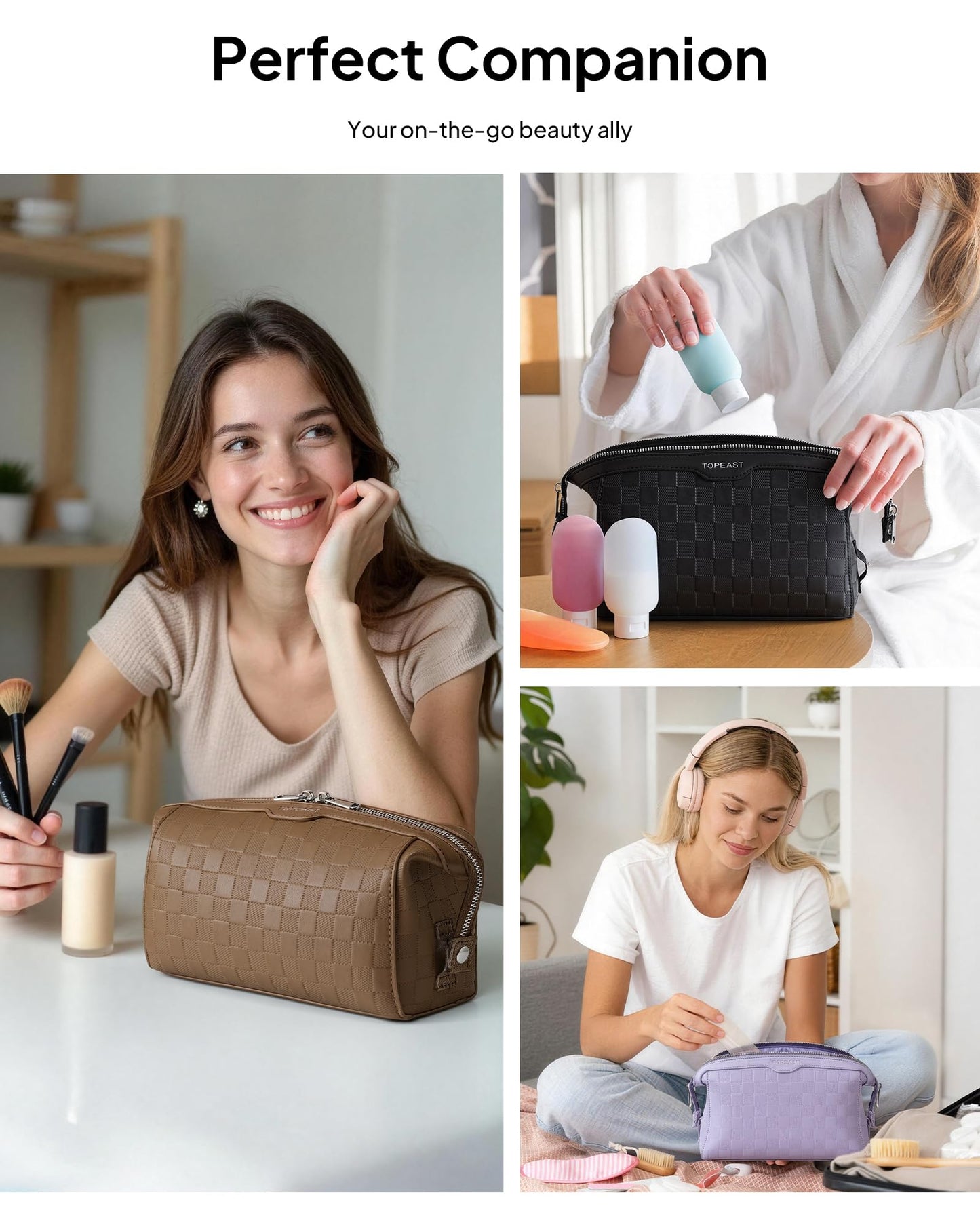 TOPEAST Travel Makeup Bag Cosmetic Bags for Women, 3 Pcs Set Make Up Toiletry Bag with Removable Zip Pouch, Waterproof Leather Makeup Brush Organizer for Travel Essentials, Purple