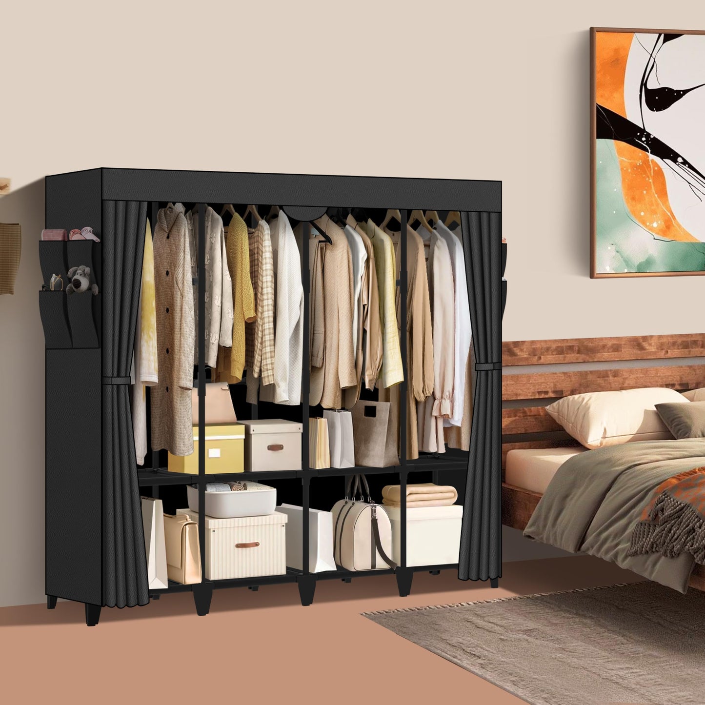 Jofuler Wardrobe Closet, Quick and Easy Assembly, Black Large Capacity Portable Closet with 4 Hanging Rods 8 Storage Shelves and 8 Side Pockets, Clothes Rack with Cover, for Bedroom and Living Room