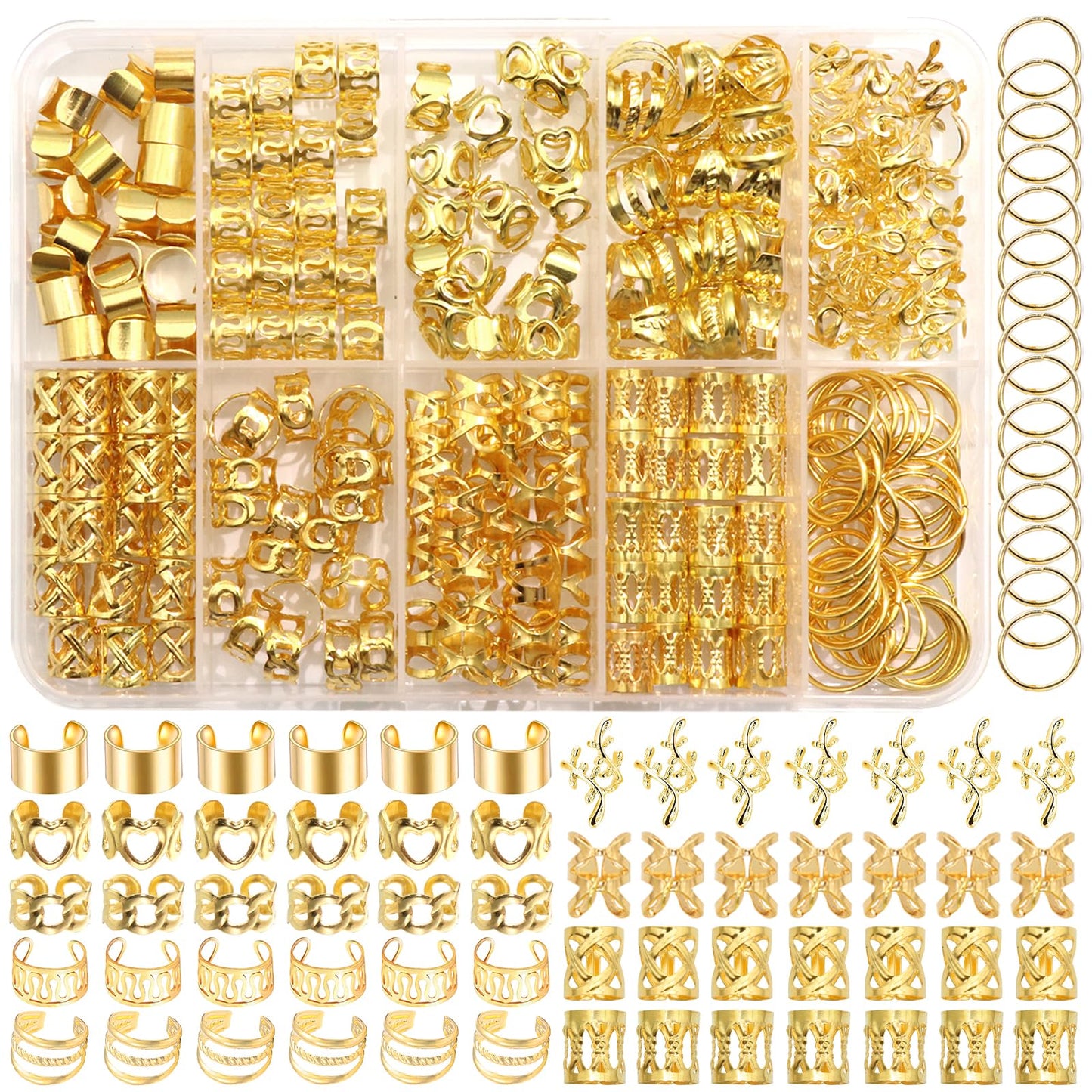 NAISKA 220 PCS Gold Hair Jewelry for Braids Hair Cuffs Rings Loc Jewelry for Women Dreadlock Hair Charms Stylish Box Hair Accessories for Women Men