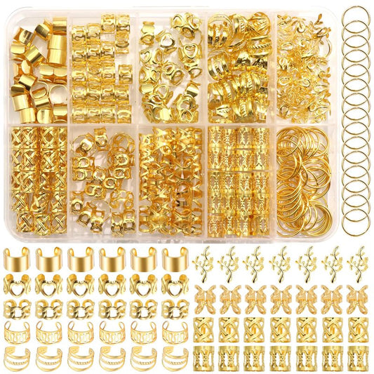 NAISKA 220 PCS Gold Hair Jewelry for Braids Hair Cuffs Rings Loc Jewelry for Women Dreadlock Hair Charms Stylish Box Hair Accessories for Women Men