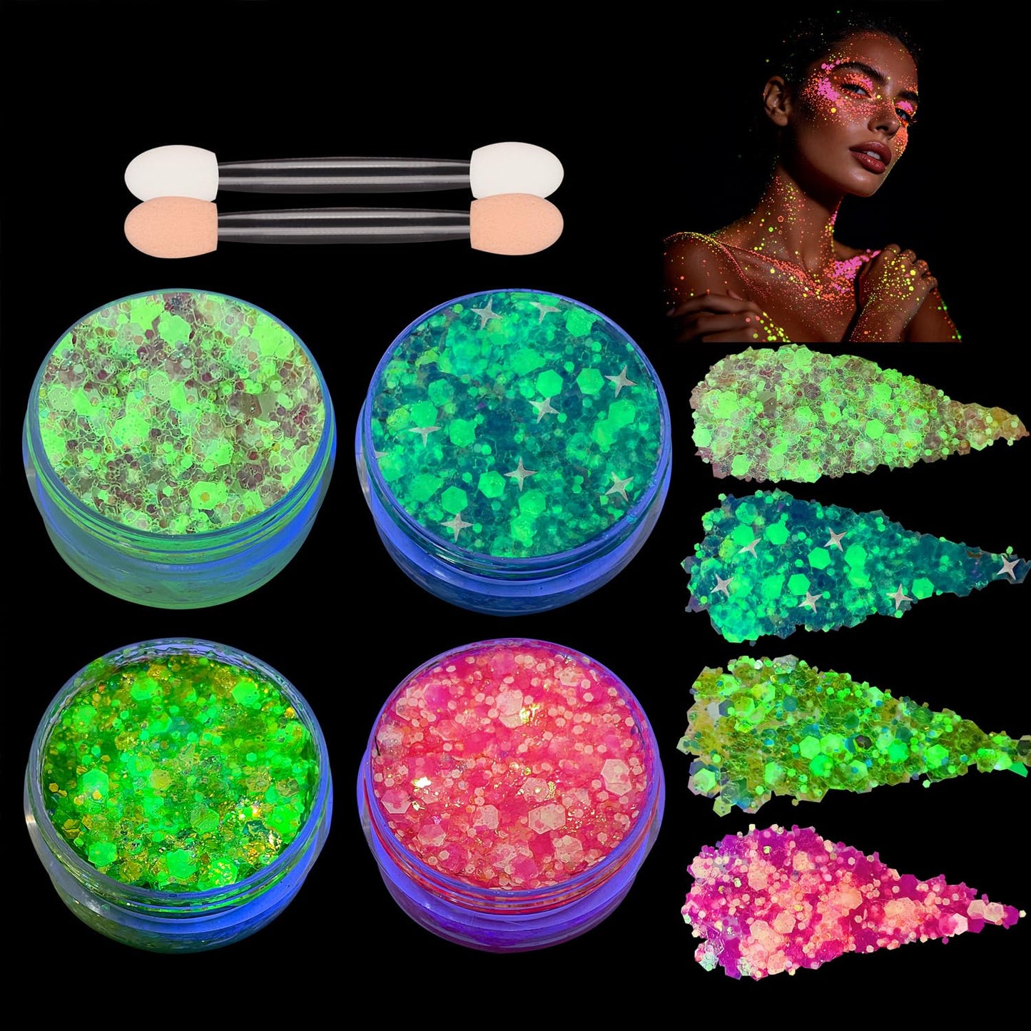 Paminify 4 PCS Glow Face Body Glitter Gel,Rave Accessories Outfits for Women,Glow in the Dark Neon Hair Glitter for Kids,Halloween Carnival Festival Essentials UV Black Light