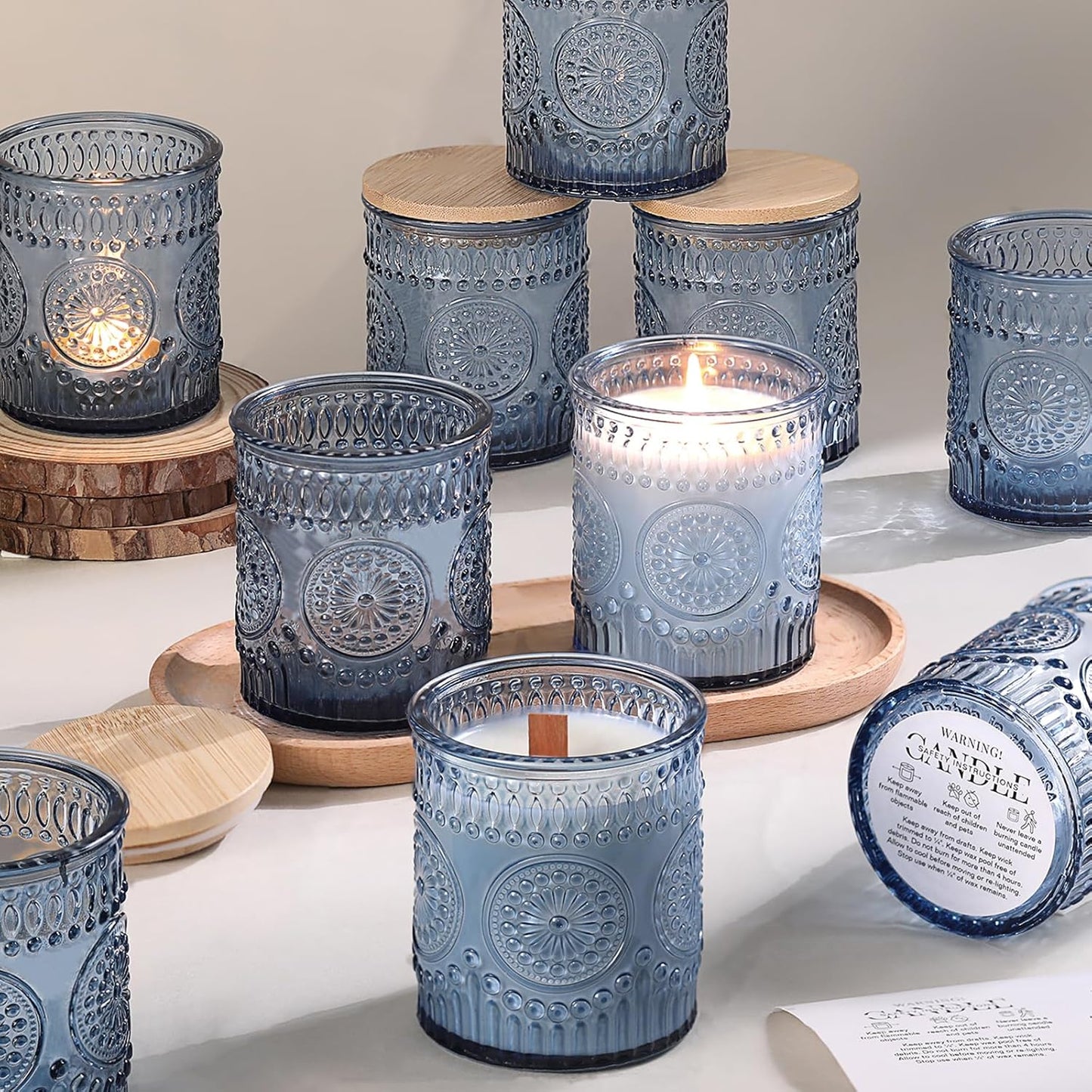 Blue Candle Jars - 10 Pack 7.5 OZ Empty Glass Candle Making Jars with Bamboo Lids & Labels | DIY Candle Supplies