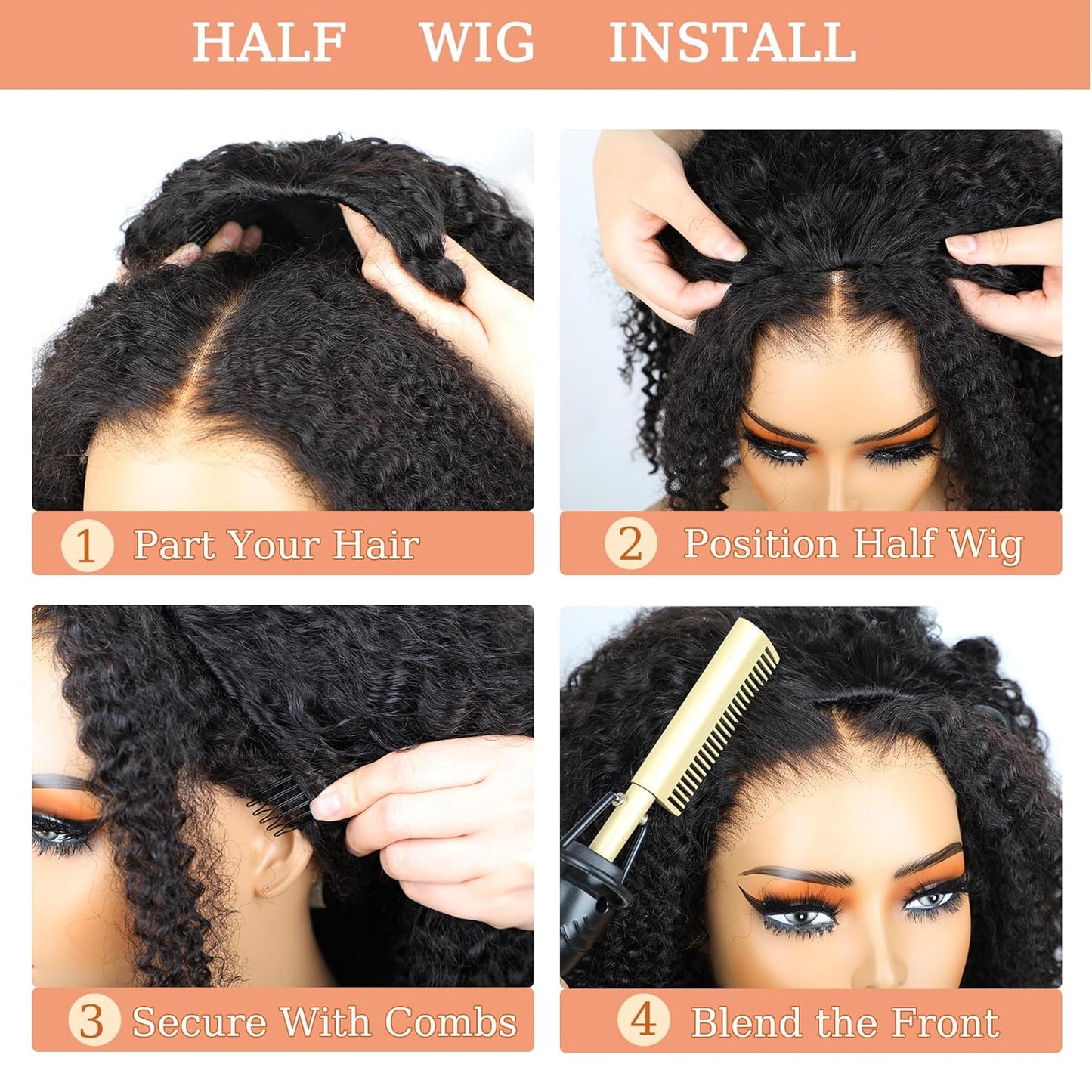 Afro Kinky Curly Half Wig - Human Hair Seamless 3-in-1 Flip Over | Beginner-Friendly, 20-Inch, Black Color