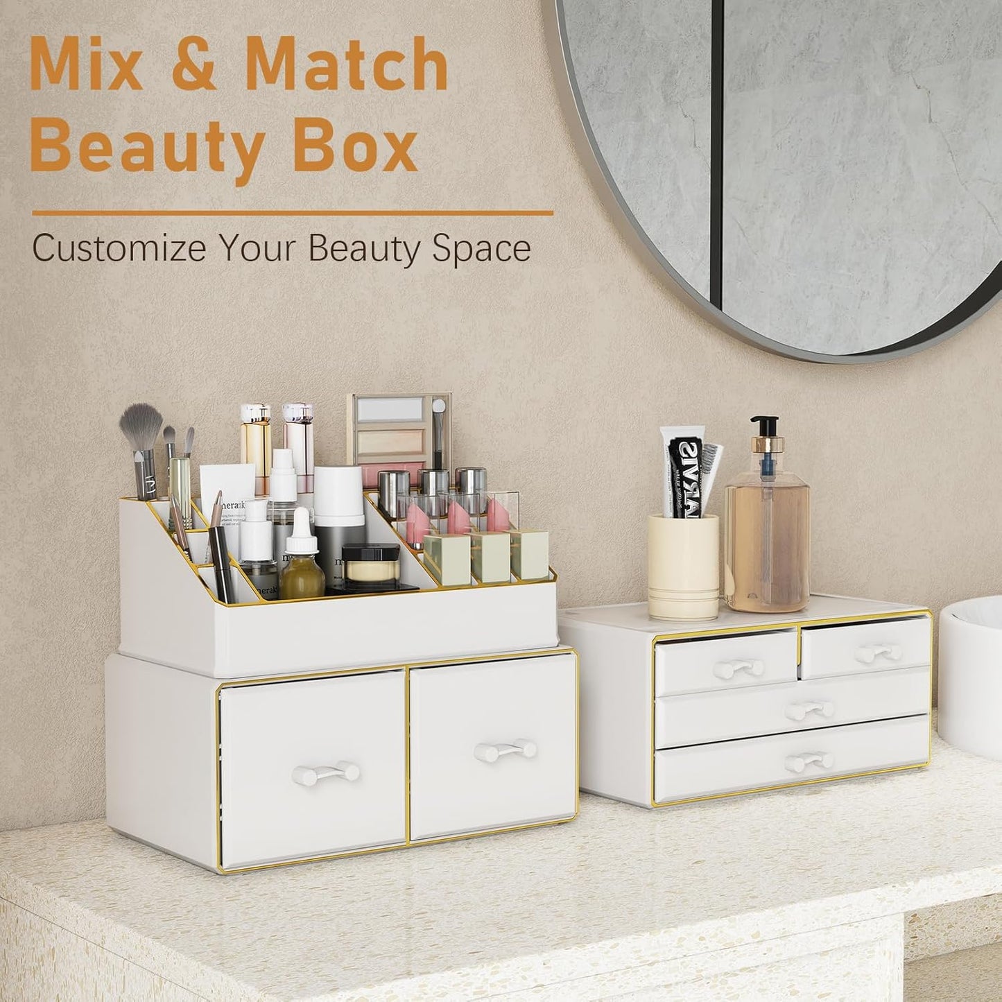 3-Tier 6-Drawer Makeup Organizer - Stylish Countertop Cosmetic Storage for Dresser & Vanity | White with Gold Edges