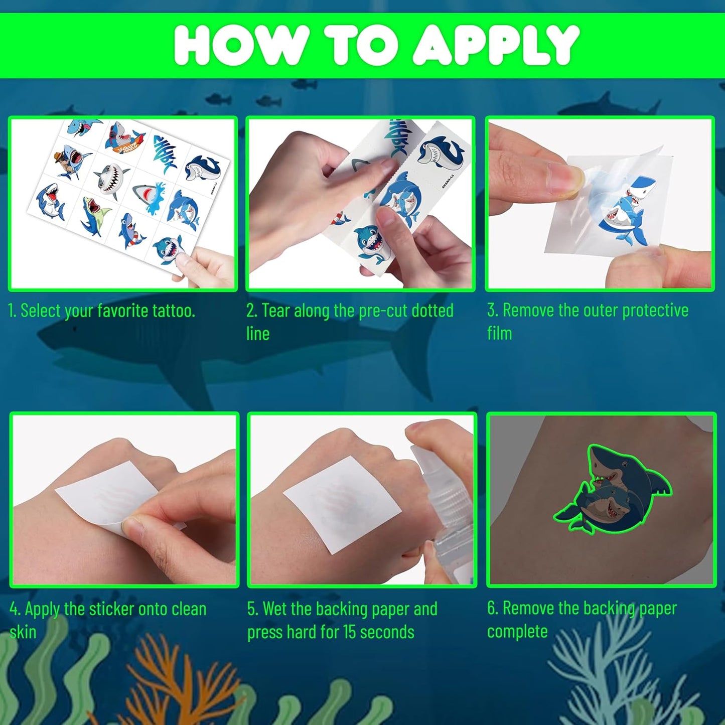Glow In The Dark Shark Temporary Tattoos - 96 PCS Ocean Animal Party Decor | Fun Kids' Gifts & Rewards