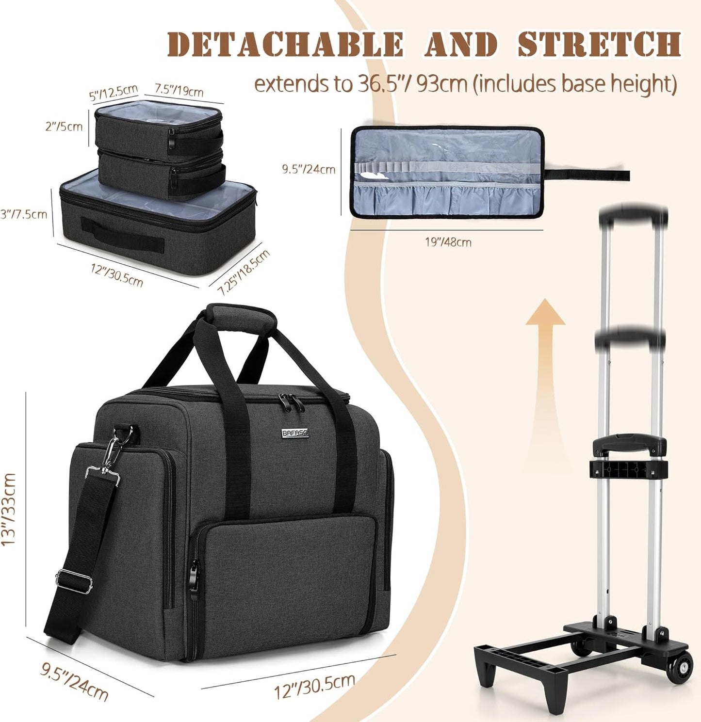 Rolling Makeup Case - Professional Cosmetic Train Case with 3 Removable Pouches & Brush Bag | Black