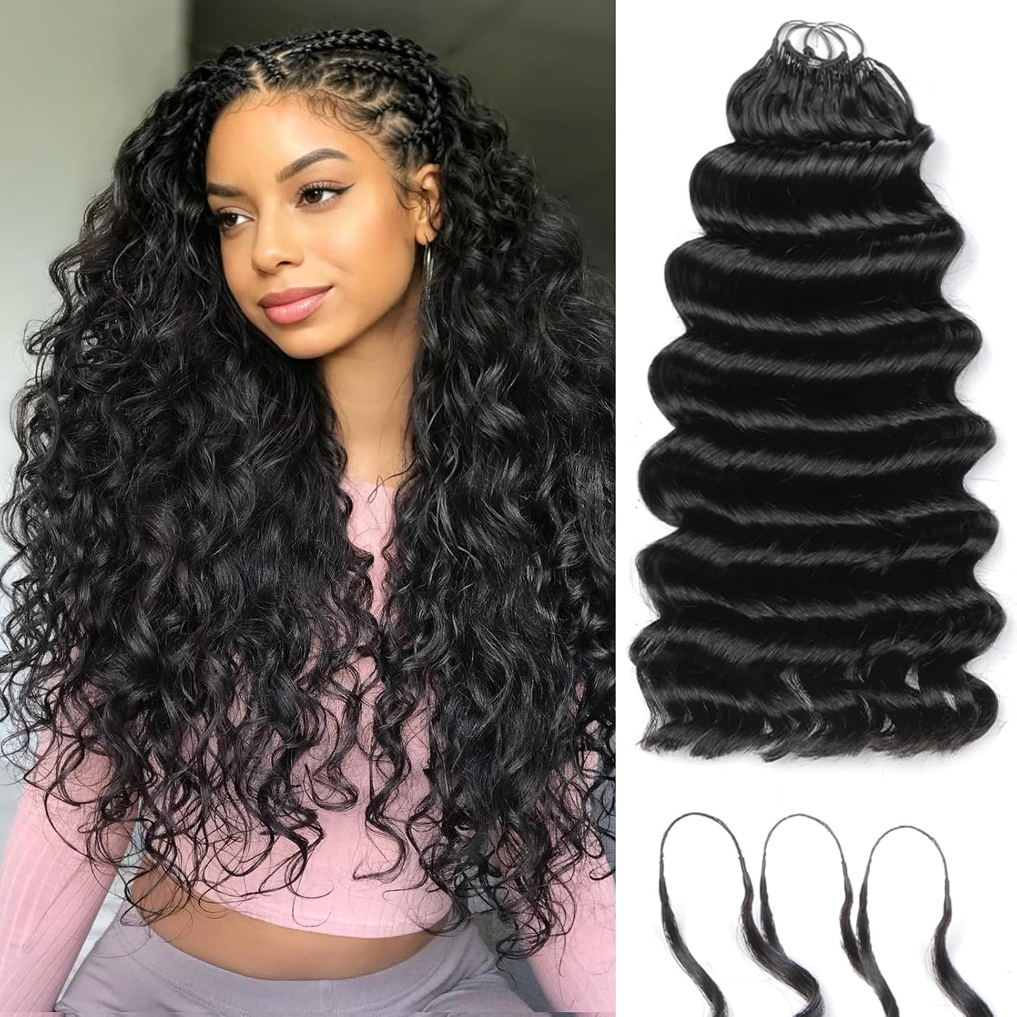Human Crochet Hair - 20 Inch Deep Ocean Wave Curly Bundles | 150g Pre-Separated Feather Extensions in Natural Black