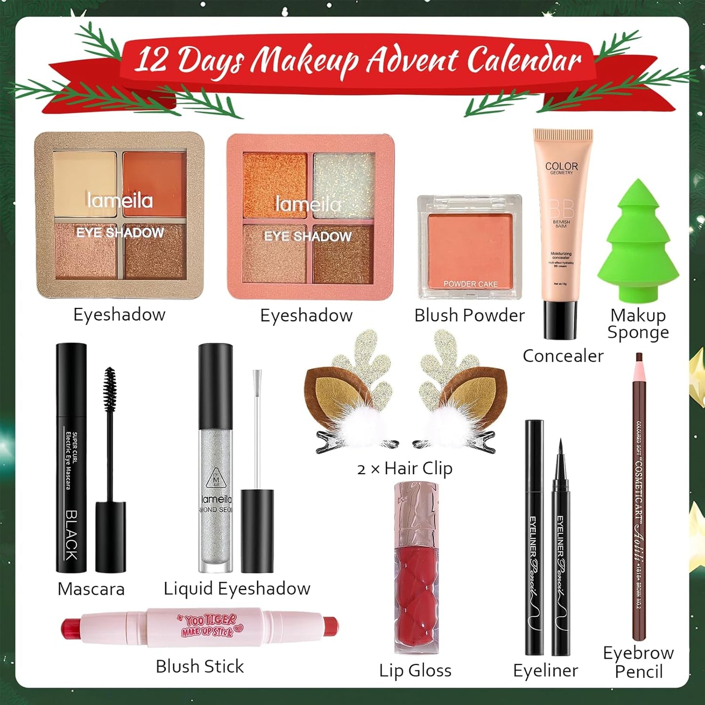 Makeup Advent Calendar 2025 - 12 Days Christmas Countdown Gift Set for Women & Teens | Holiday Makeup Kit