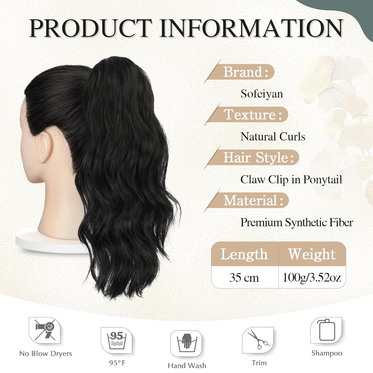 Ponytail Extension - Short Wavy Claw Clip-In Synthetic Hairpiece | Black Layered Curly Drawstring for Women
